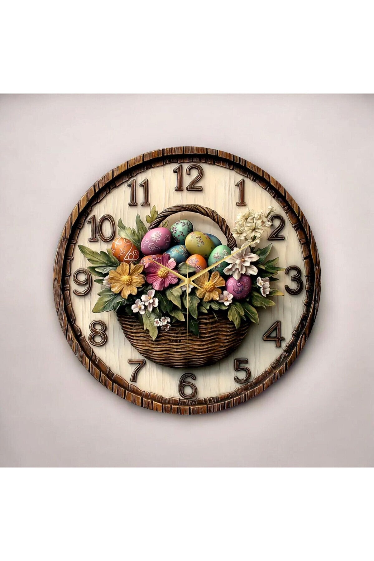Renkli Baskı Çiçek Yumurta Desenli Sayılı Hediyelik Ahşap Sessiz Tablo Duvar Saati