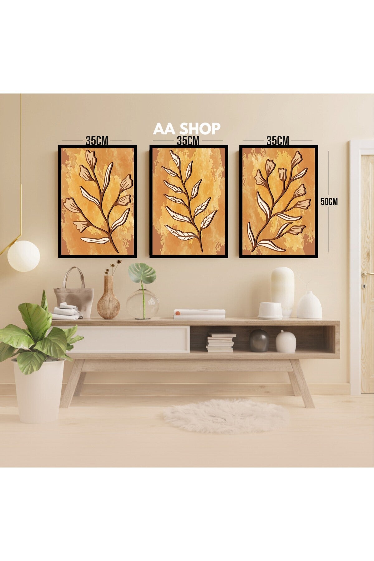 3 Parça Çiçek Yaprak Renkli Solmaz Kaliteli Baskı Çerçeve Görünümlü MDF Tablo Set 79