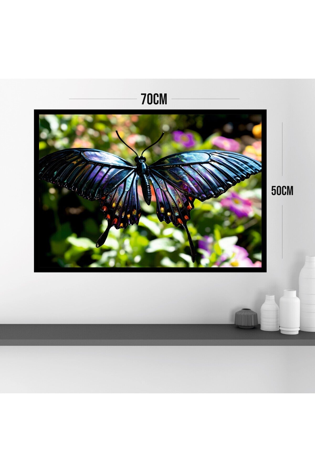 Kelebek Hayvan Büyük Boy Renkli Solmaz Kaliteli Baskı Çerçeve Görünümlü MDF Tablo 70x50cm 22