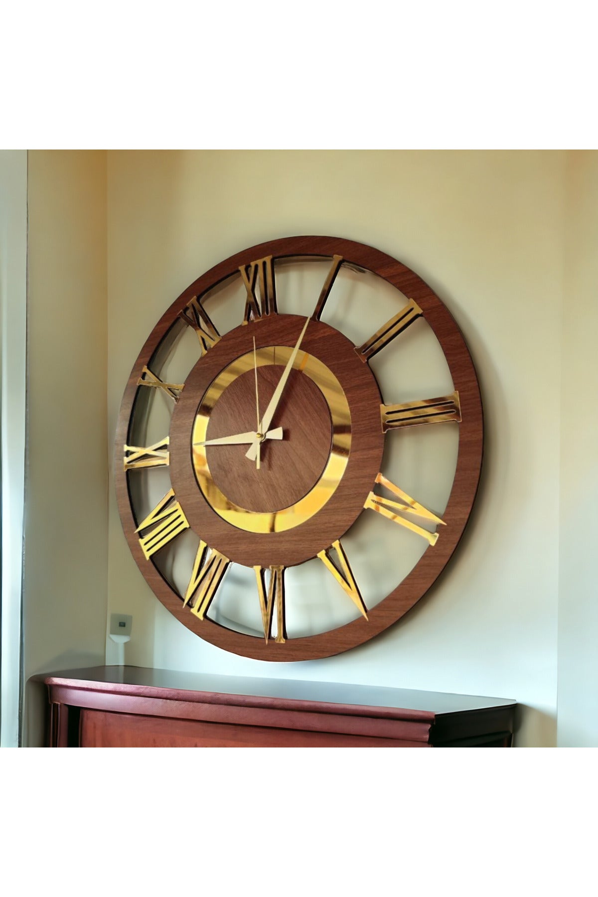 Siyah ve Ceviz Renk Gold Sayılı Hediyelik Ahşap Dekoratif Farklı Desenli Ev Duvar Saati 50cm