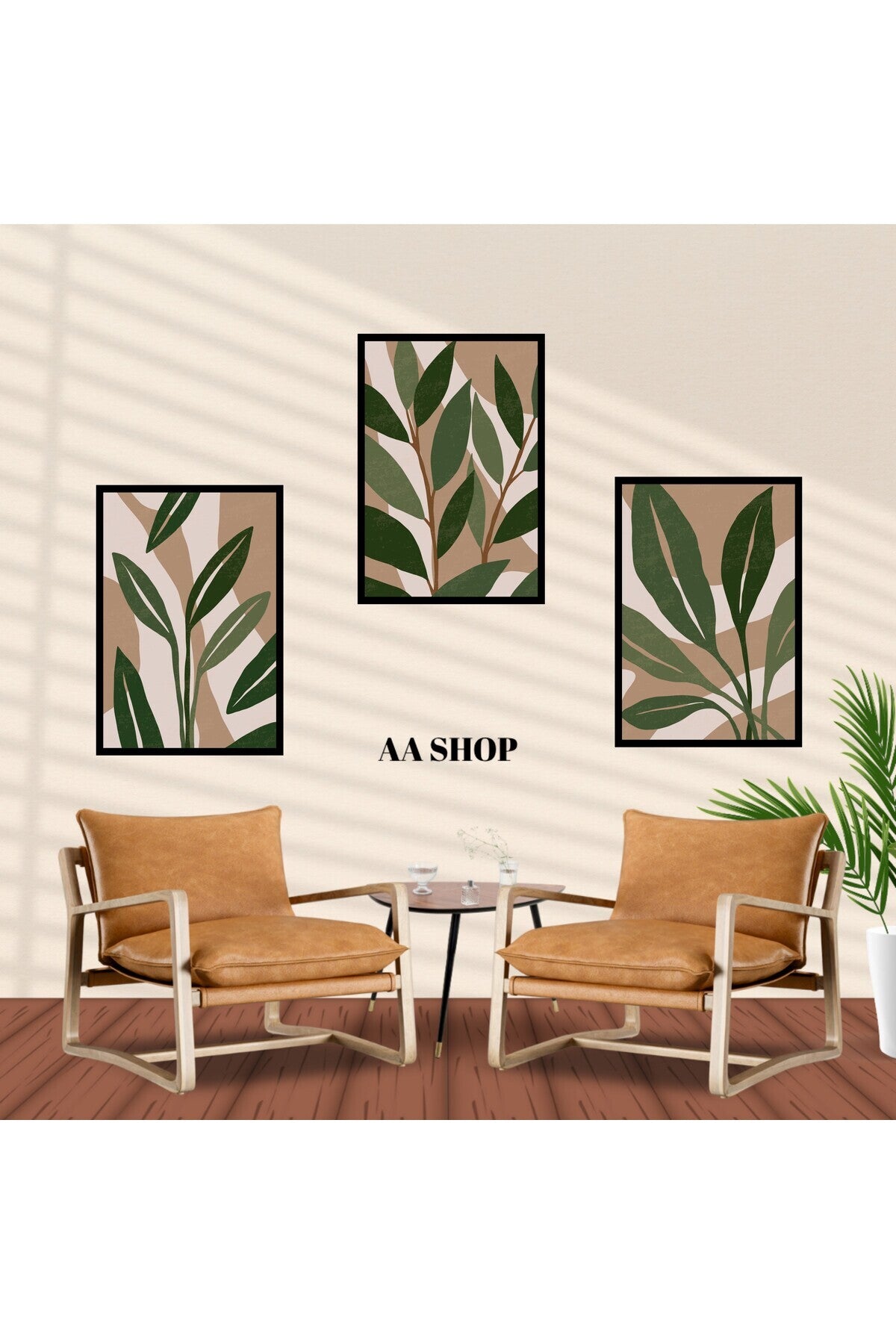 3 Parça Yaprak Renkli Solmaz Kaliteli Baskı Çerçeve Görünümlü MDF Tablo Set 16