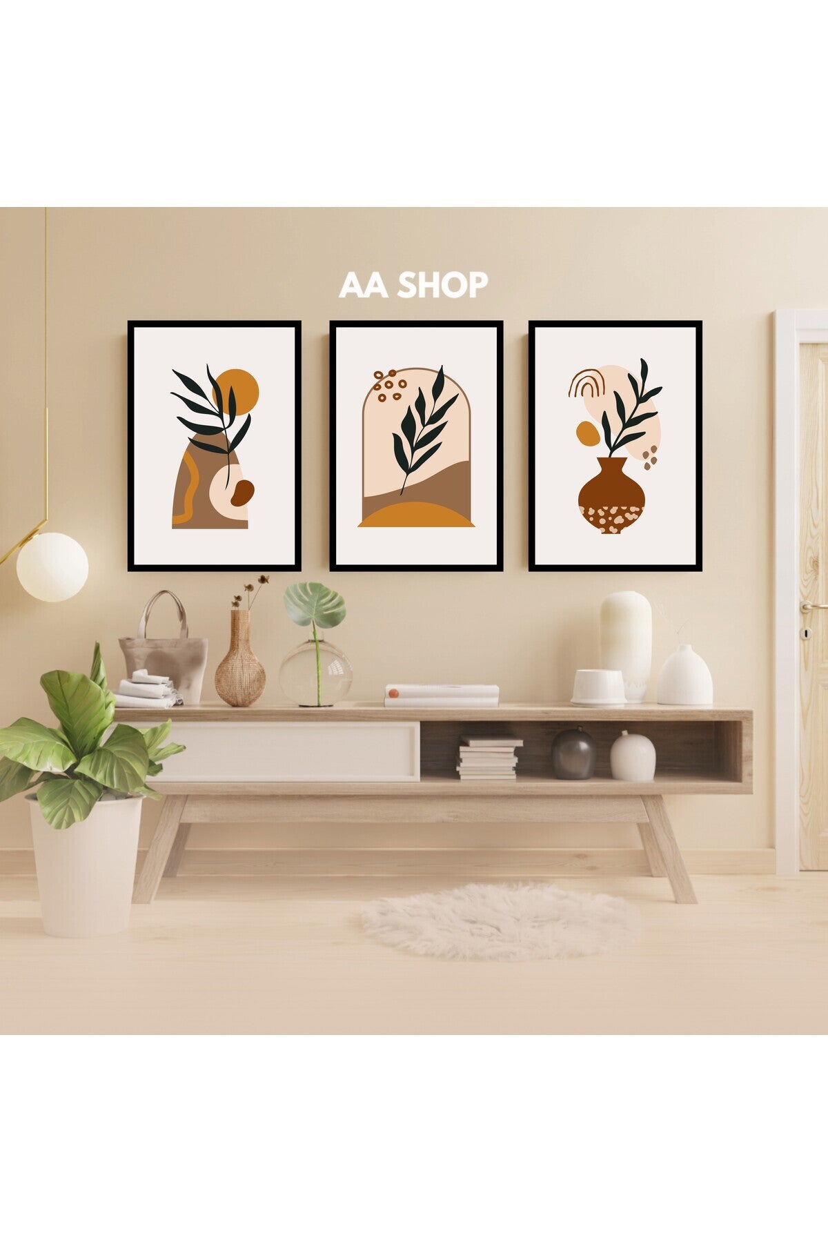 3 Parça Çiçek Yaprak Renkli Solmaz Kaliteli Baskı Çerçeve Görünümlü MDF Tablo Set 91