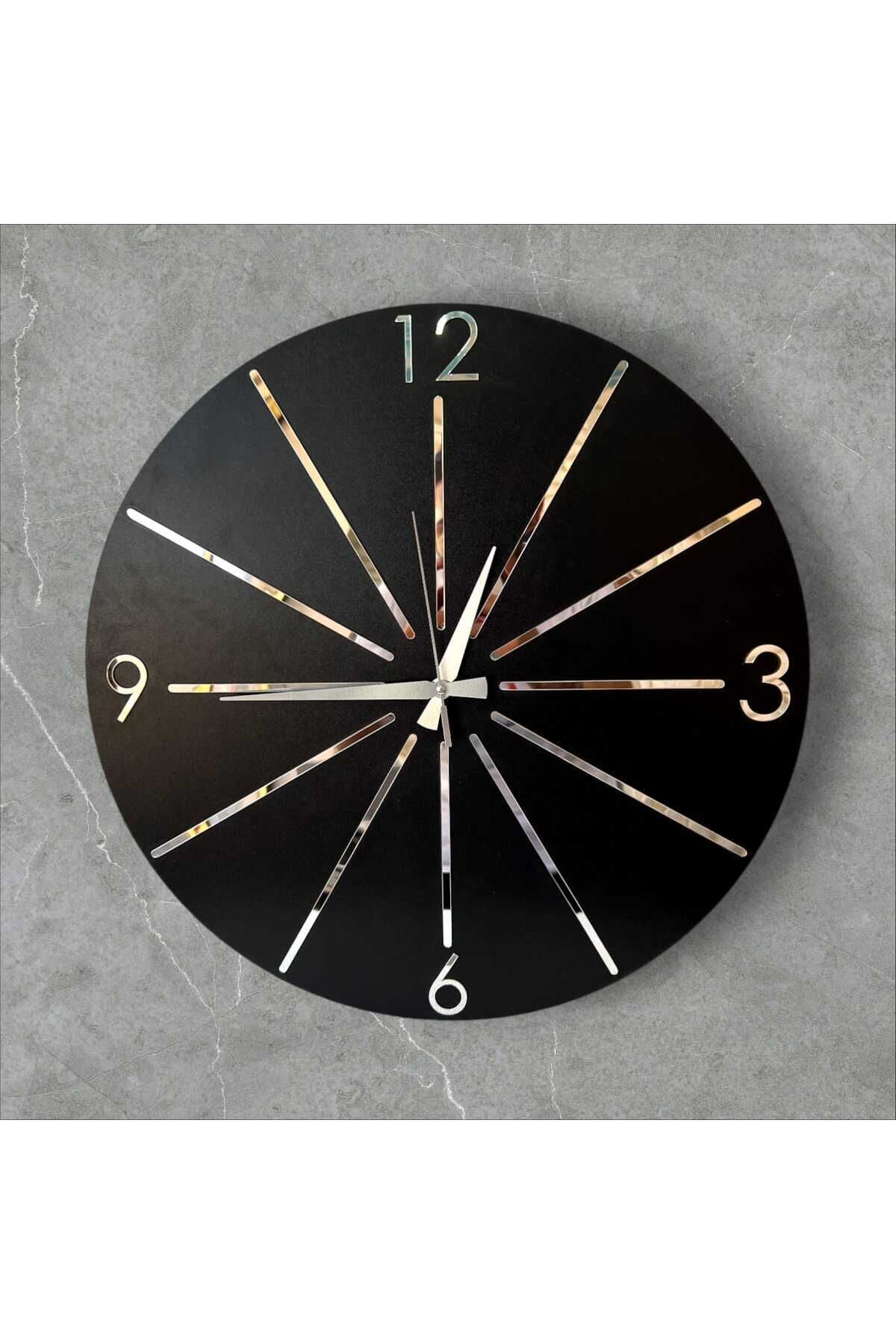 Siyah Renk Gold Gri Aynalı Çizgi Desenli Sessiz Hediyelik Ahşap Dekoratif Ev Ofis Duvar Saati 50cm