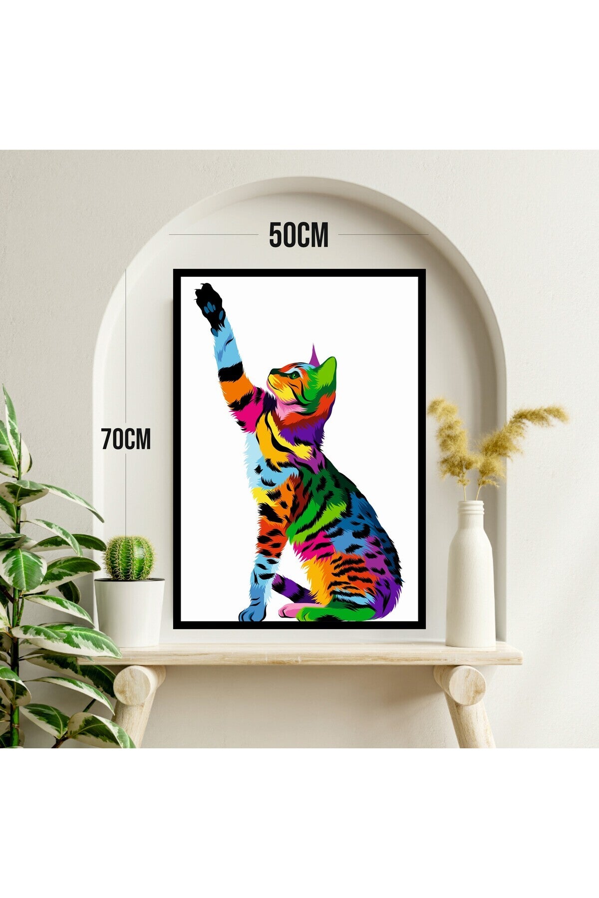 Kedi Hayvan Büyük Boy Renkli Solmaz Kaliteli Baskı Çerçeve Görünümlü MDF Tablo 70x50cm 02