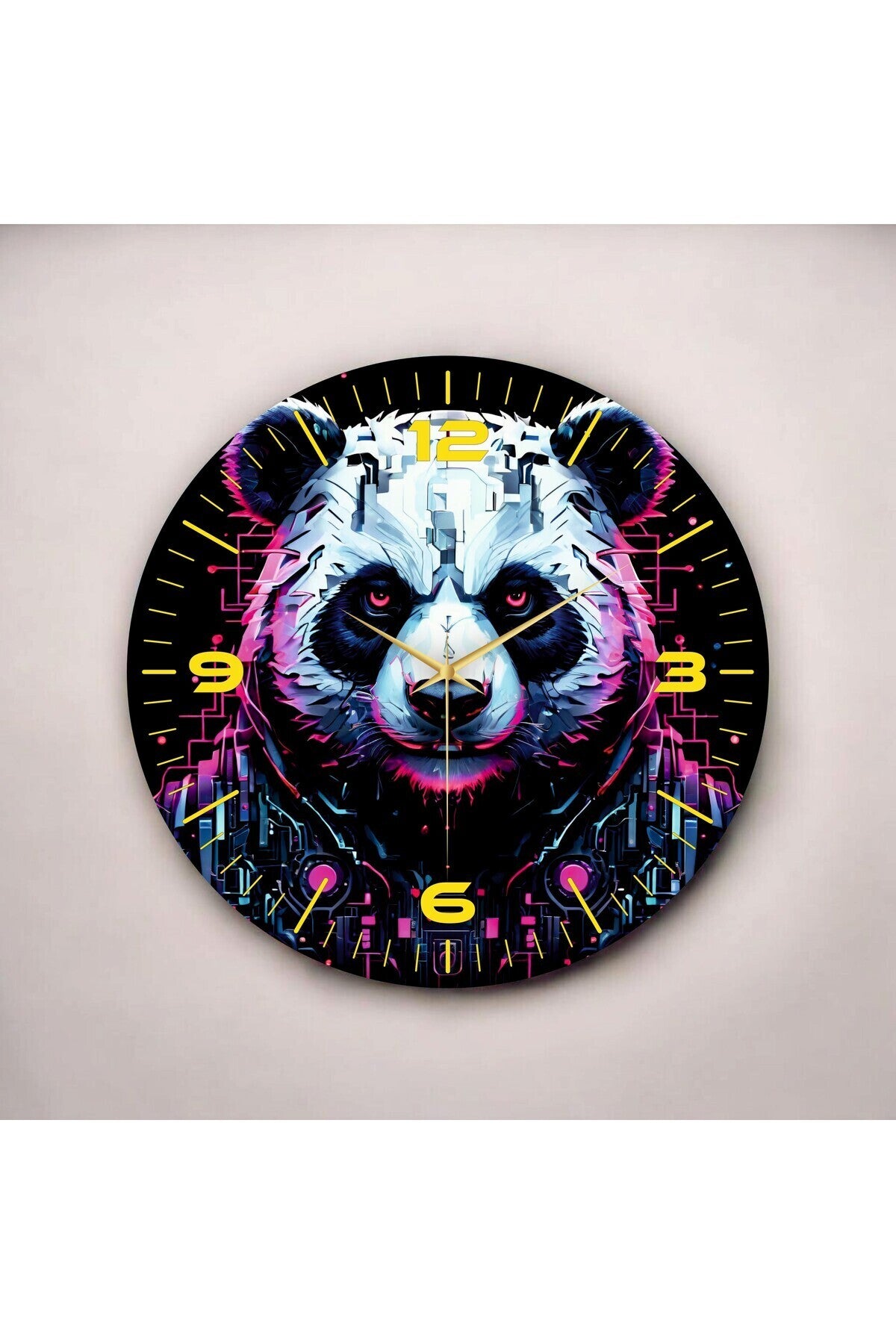 Renkli Baskı Panda Gamer Desenli Sayılı Hediyelik Ahşap Sessiz Tablo Duvar Saati