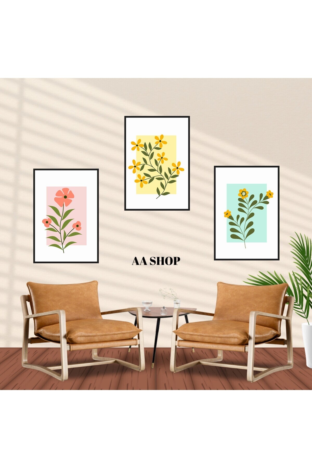 3 Parça Çiçek Yaprak Renkli Solmaz Kaliteli Baskı Çerçeve Görünümlü MDF Tablo Set 52