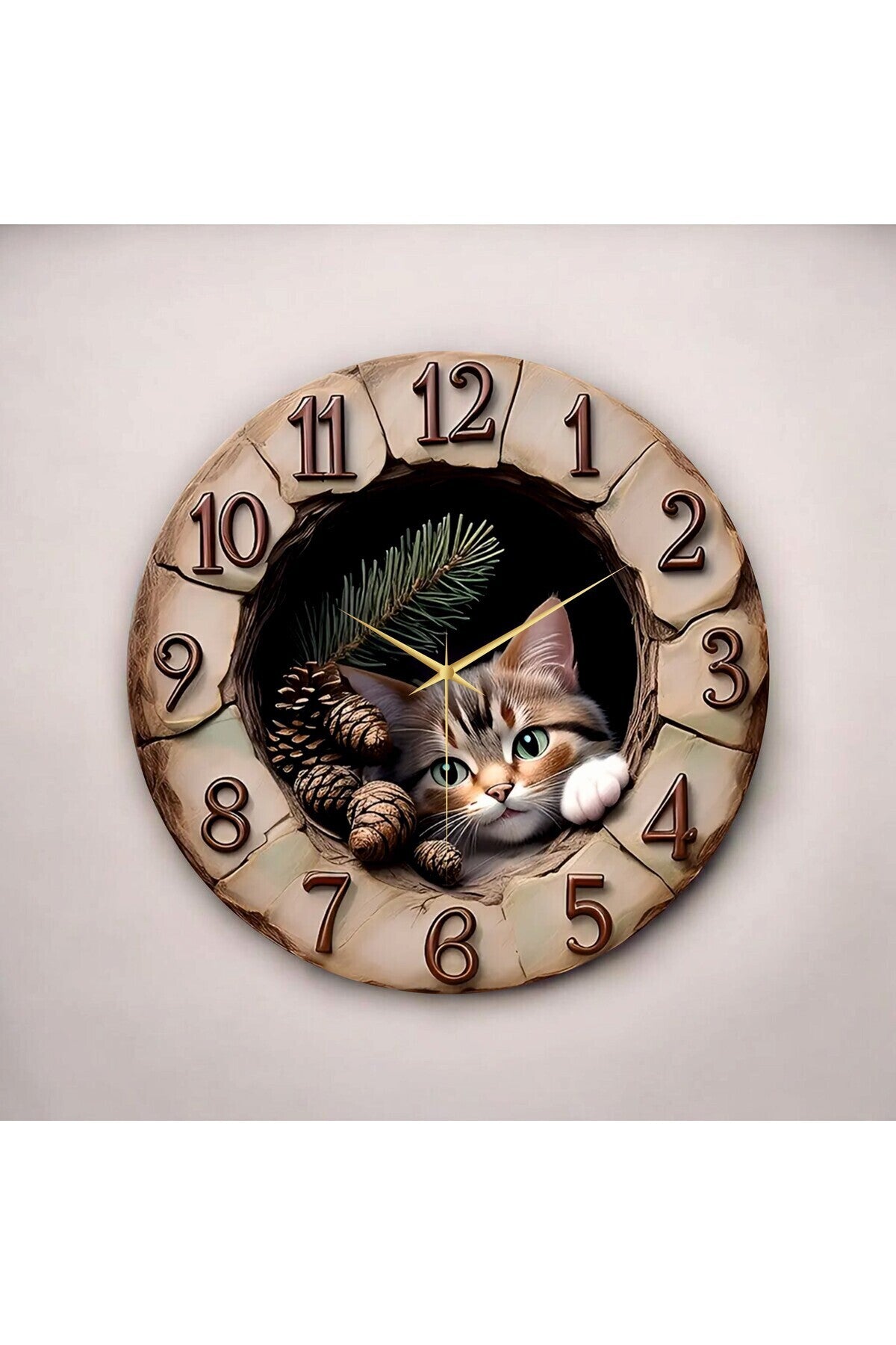 Ahşap Kabartma Görünümlü Renkli Baskı Kedi Desenli Sayılı Hediyelik Ahşap Sessiz Duvar Saati