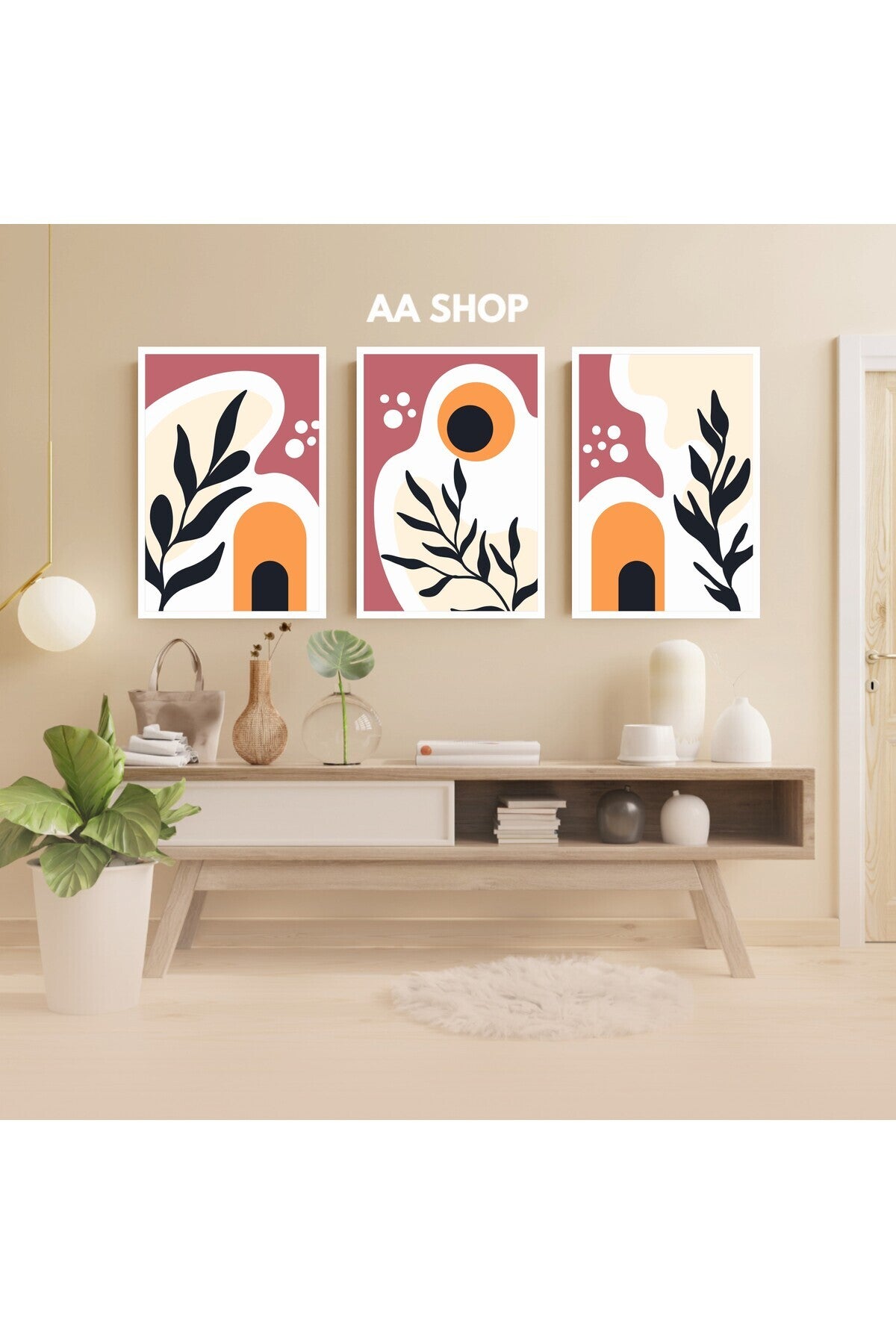 3 Parça Çiçek Yaprak Renkli Solmaz Kaliteli Baskı Çerçeve Görünümlü MDF Tablo Set 74