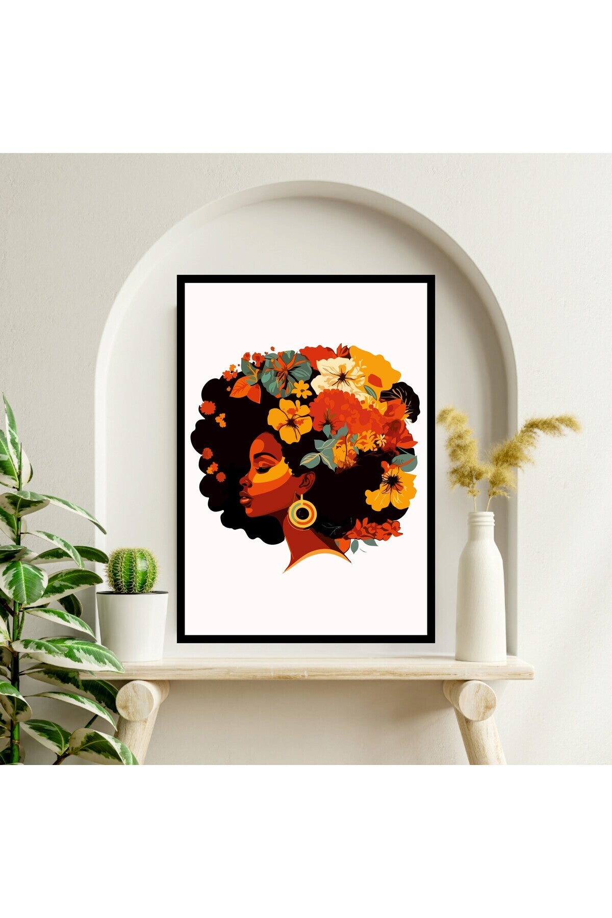 Kadın Çiçek Büyük Boy Renkli Solmaz Kaliteli Baskı Çerçeve Görünümlü MDF Tablo 70x50cm 14