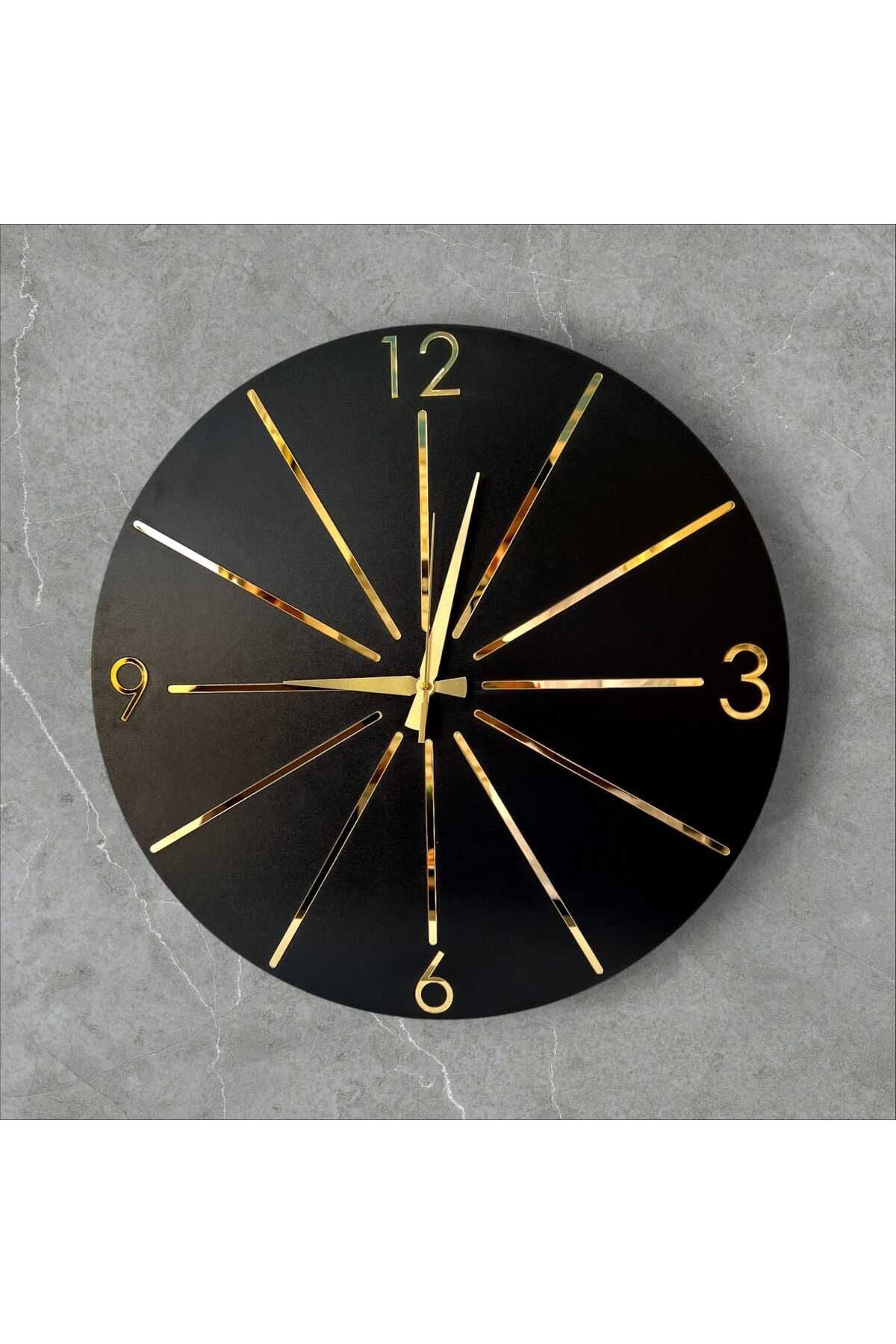 Siyah Renk Gold Gri Aynalı Çizgi Desenli Sessiz Hediyelik Ahşap Dekoratif Ev Ofis Duvar Saati 50cm