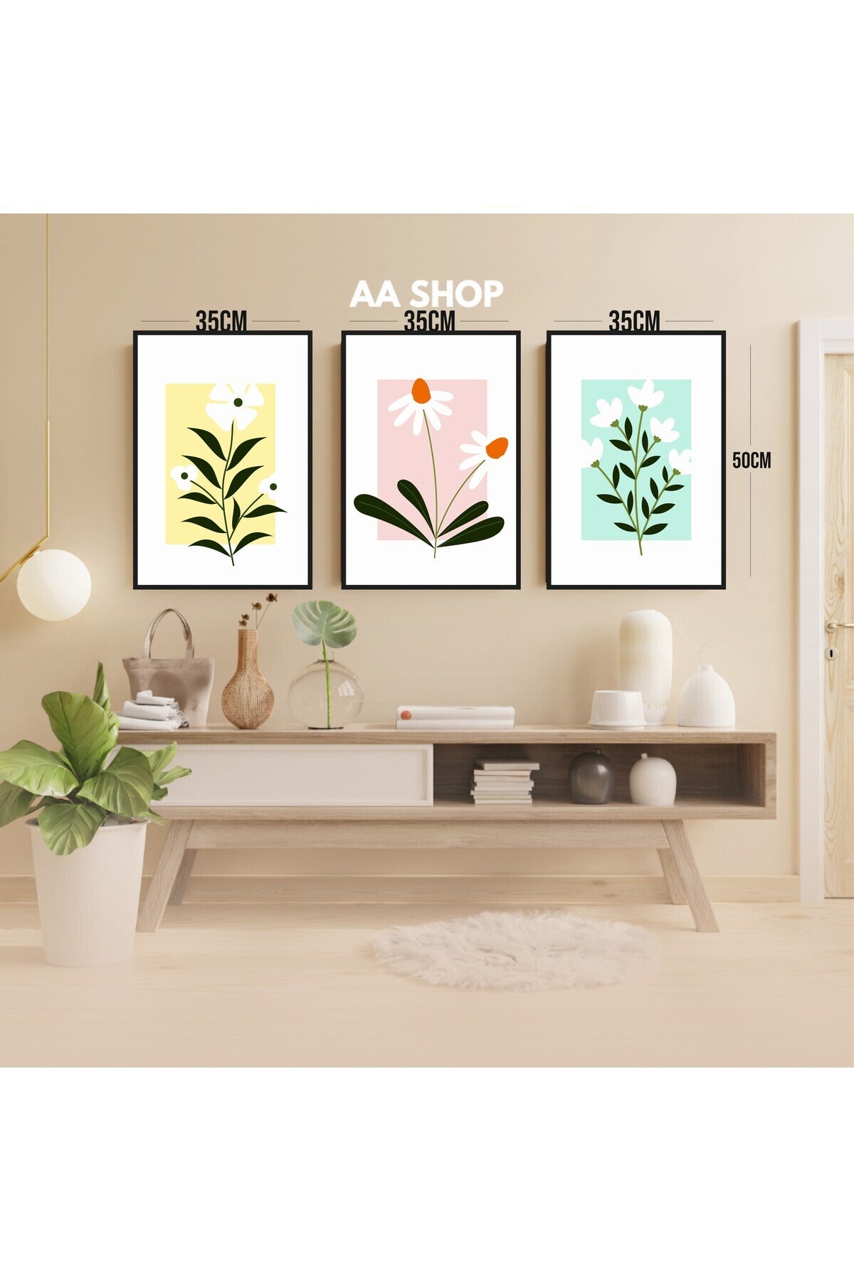 3 Parça Çiçek Papatya Renkli Solmaz Kaliteli Baskı Çerçeve Görünümlü MDF Tablo Set 53