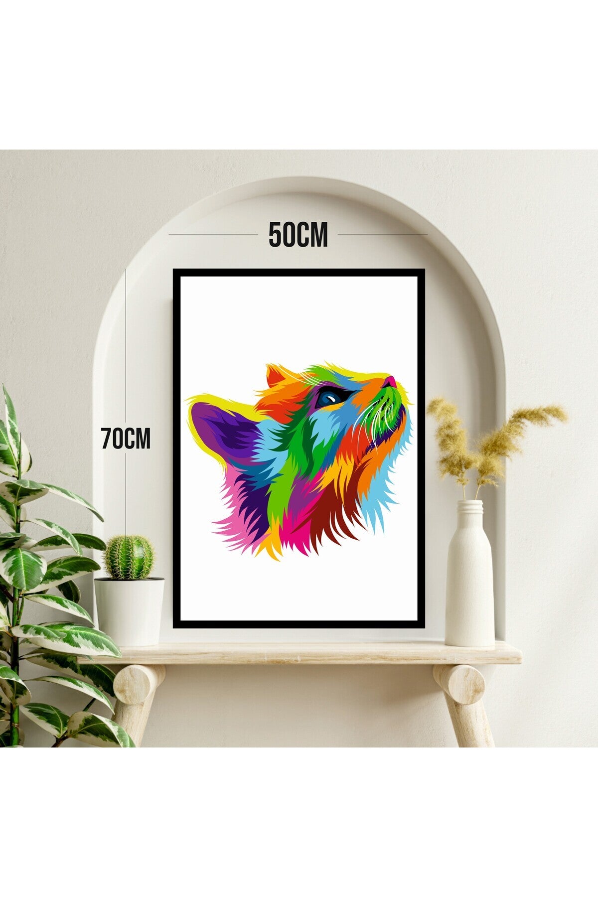 Kedi Hayvan Büyük Boy Renkli Solmaz Kaliteli Baskı Çerçeve Görünümlü MDF Tablo 70x50cm 07