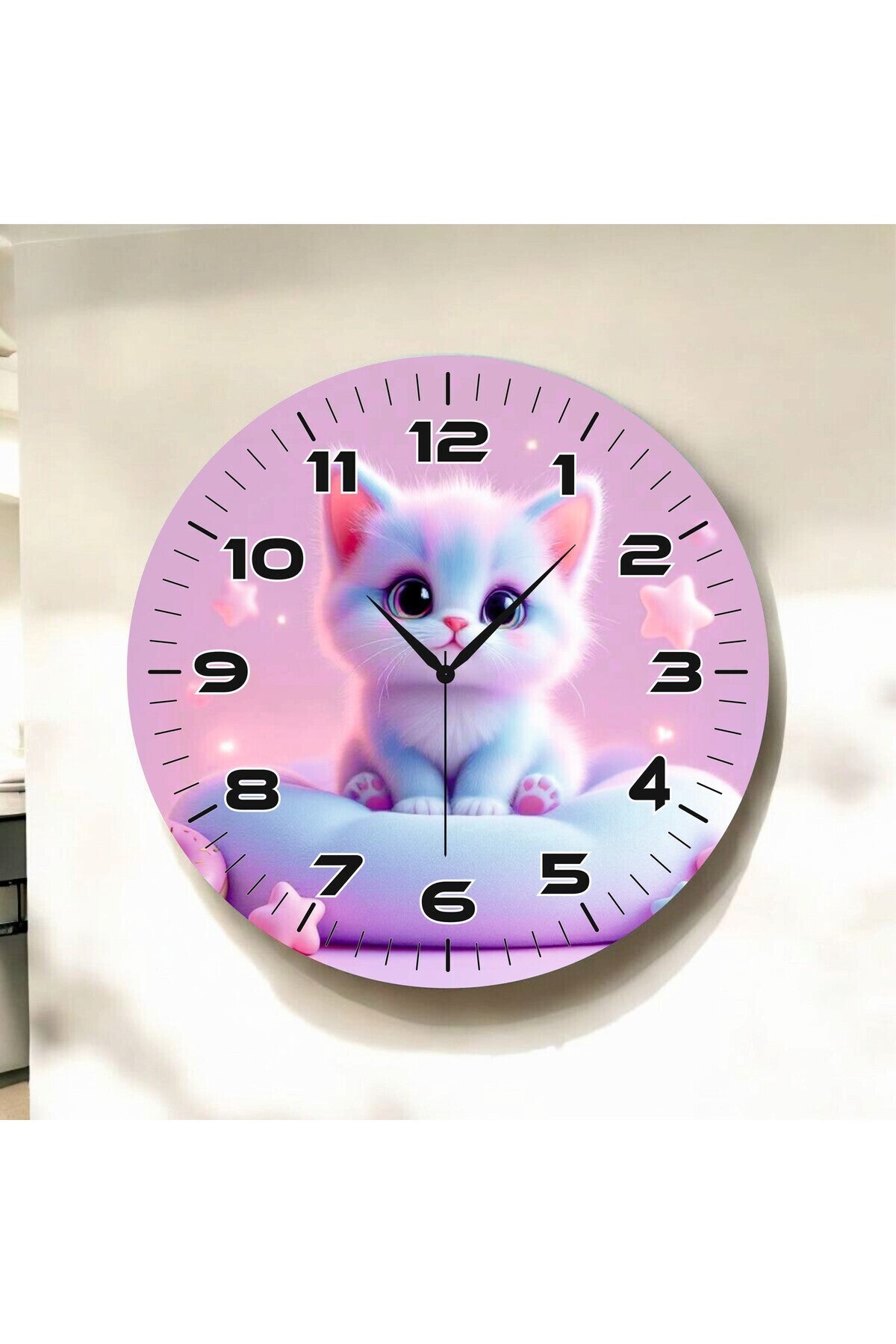 Yavru Kedi Pembe Renkli Baskı Desenli Sayılı Hediyelik Ahşap Sessiz Tablo Duvar Saati