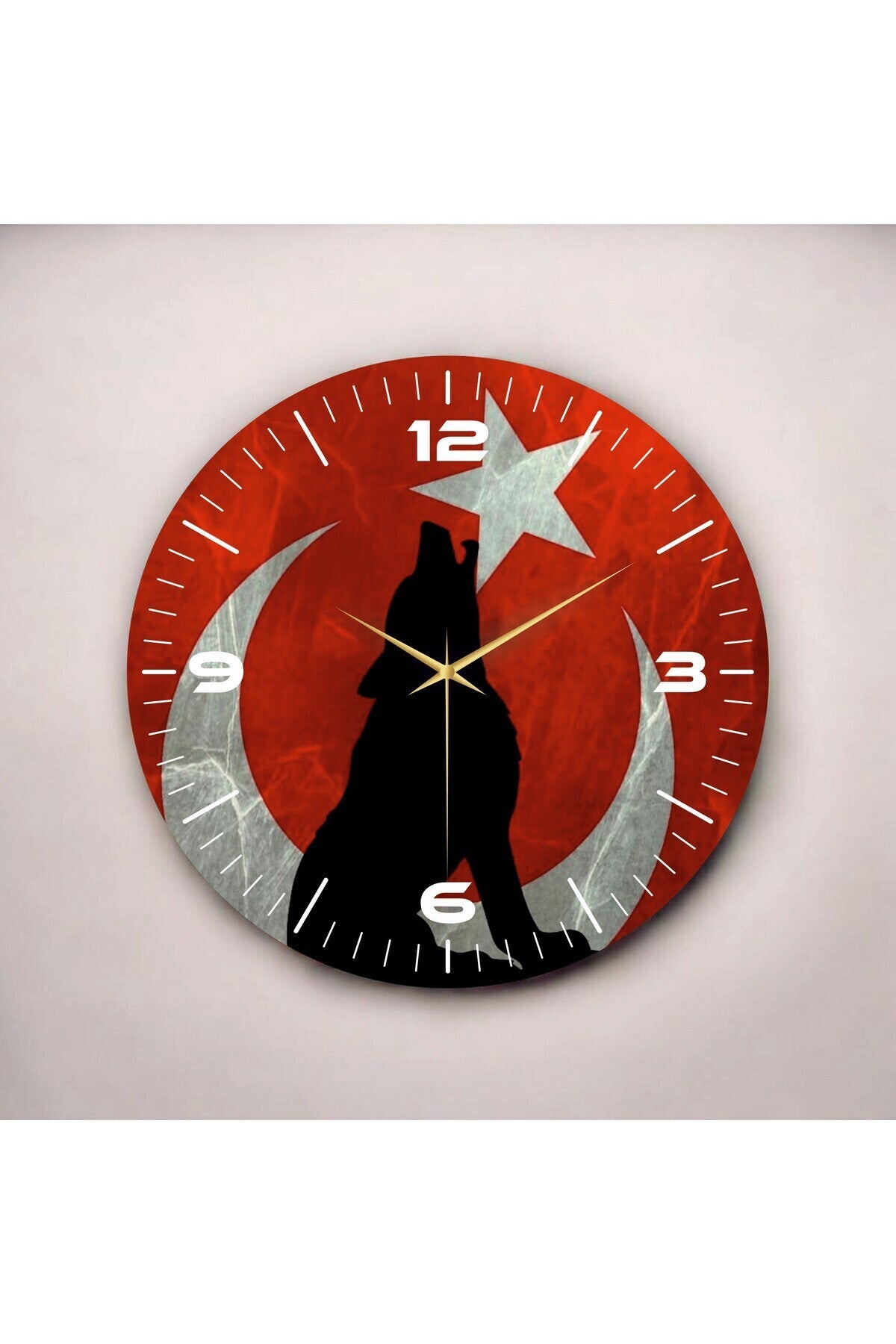 Renkli Baskı Türk Bayrağı Bozkurt Desenli Sayılı Hediyelik Ahşap Sessiz Tablo Duvar Saati