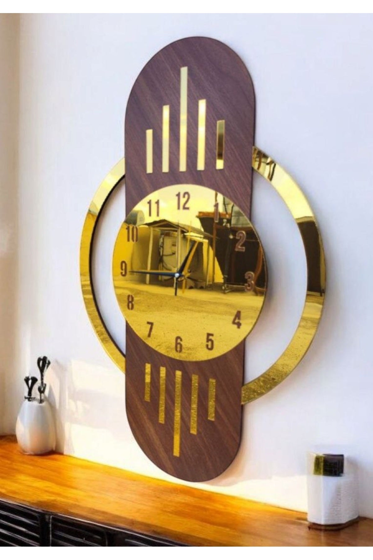 Ceviz Renk Gold Altın Sayılı Hediyelik Ahşap Dekoratif Sessiz Büyük Boy Duvar Saati 70cm