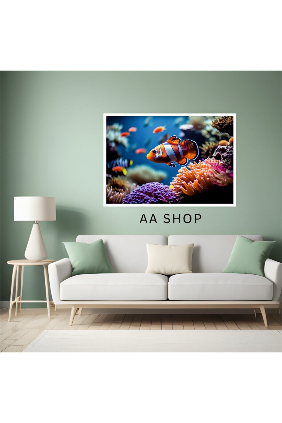 Balık Deniz Büyük Boy Renkli Solmaz Kaliteli Baskı Çerçeve Görünümlü MDF Tablo 70x50cm 42
