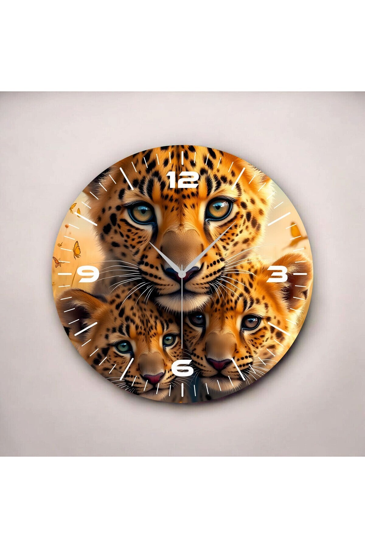 Renkli Baskı Leopar Yavrusu Desenli Sayılı Hediyelik Ahşap Sessiz Tablo Duvar Saati
