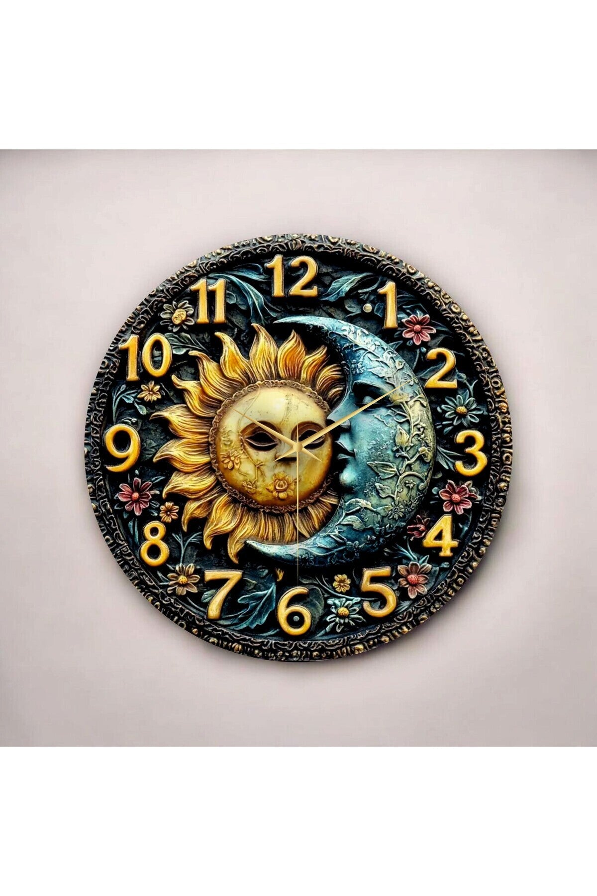 Güneş Ay Kabartma Görünümlü Renkli Baskı Desenli Sayılı Hediyelik Ahşap Sessiz Duvar Saati