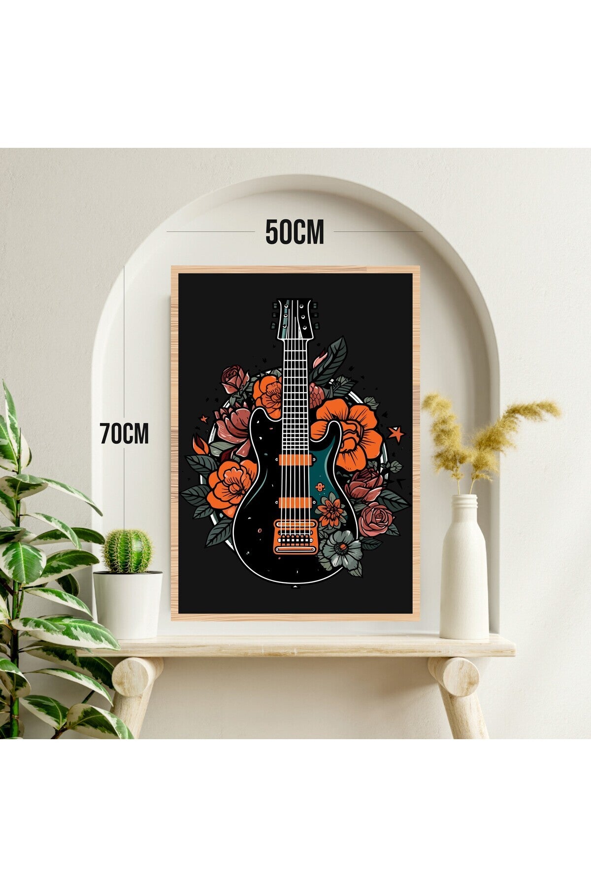 Gitar Çiçek Büyük Boy Renkli Solmaz Kaliteli Baskı Çerçeve Görünümlü MDF Tablo 70x50cm 214