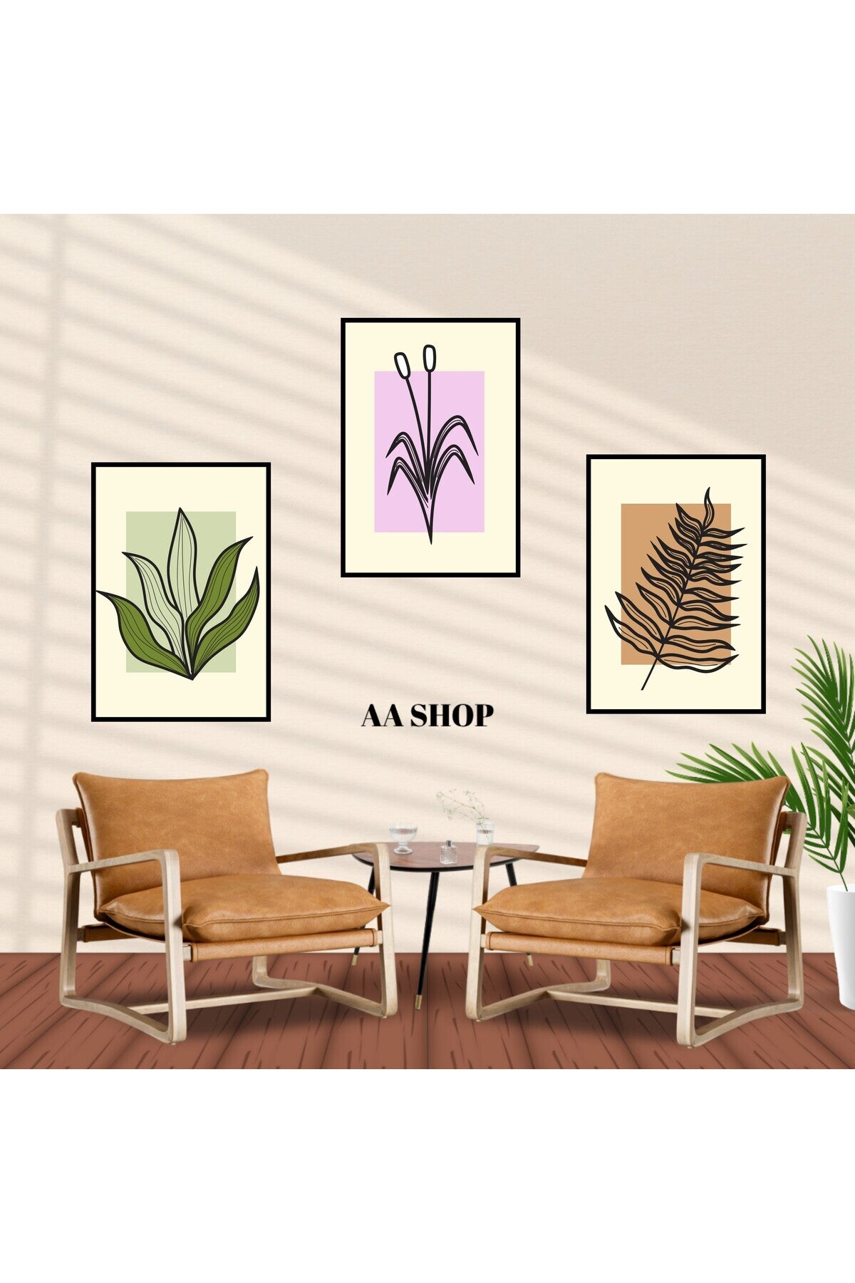 3 Parça Çiçek Yaprak Renkli Solmaz Kaliteli Baskı Çerçeve Görünümlü MDF Tablo Set 37