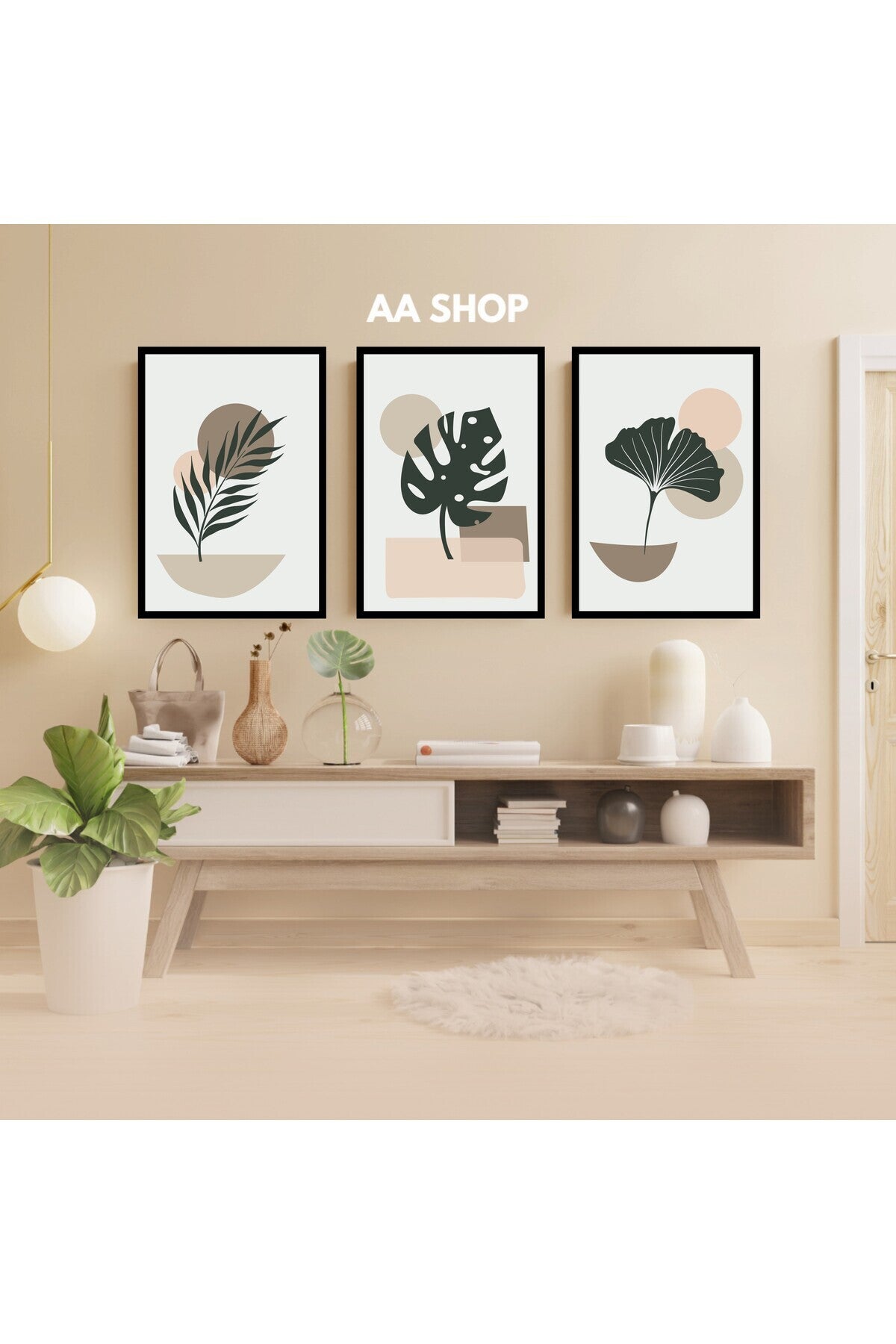 3 Parça Çiçek Yaprak Renkli Solmaz Kaliteli Baskı Çerçeve Görünümlü MDF Tablo Set 64