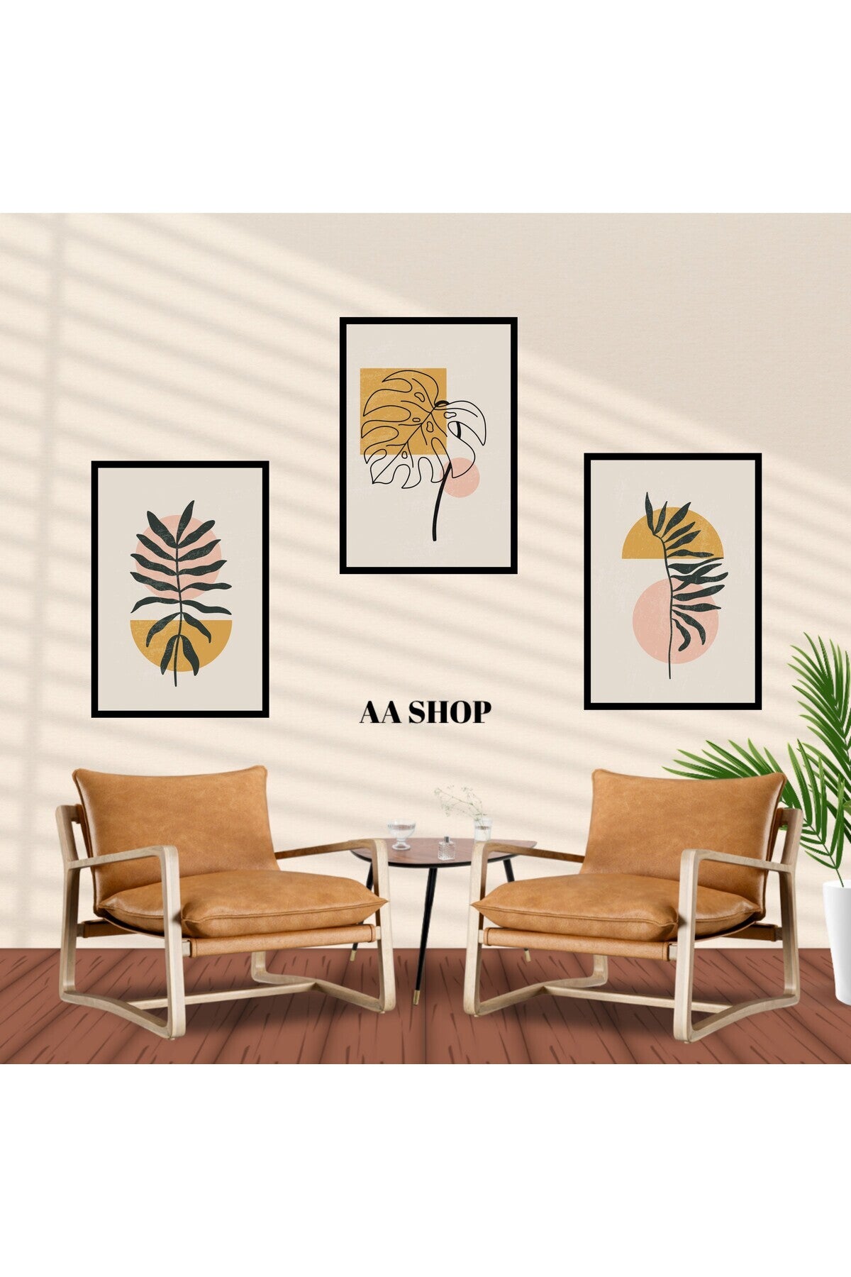 3 Parça Çiçek Yaprak Renkli Solmaz Kaliteli Baskı Çerçeve Görünümlü MDF Tablo Set 12