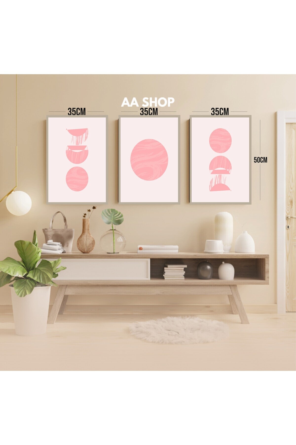 3 Parça Pembe Renkli Solmaz Kaliteli Baskı Çerçeve Görünümlü MDF Tablo Set 13