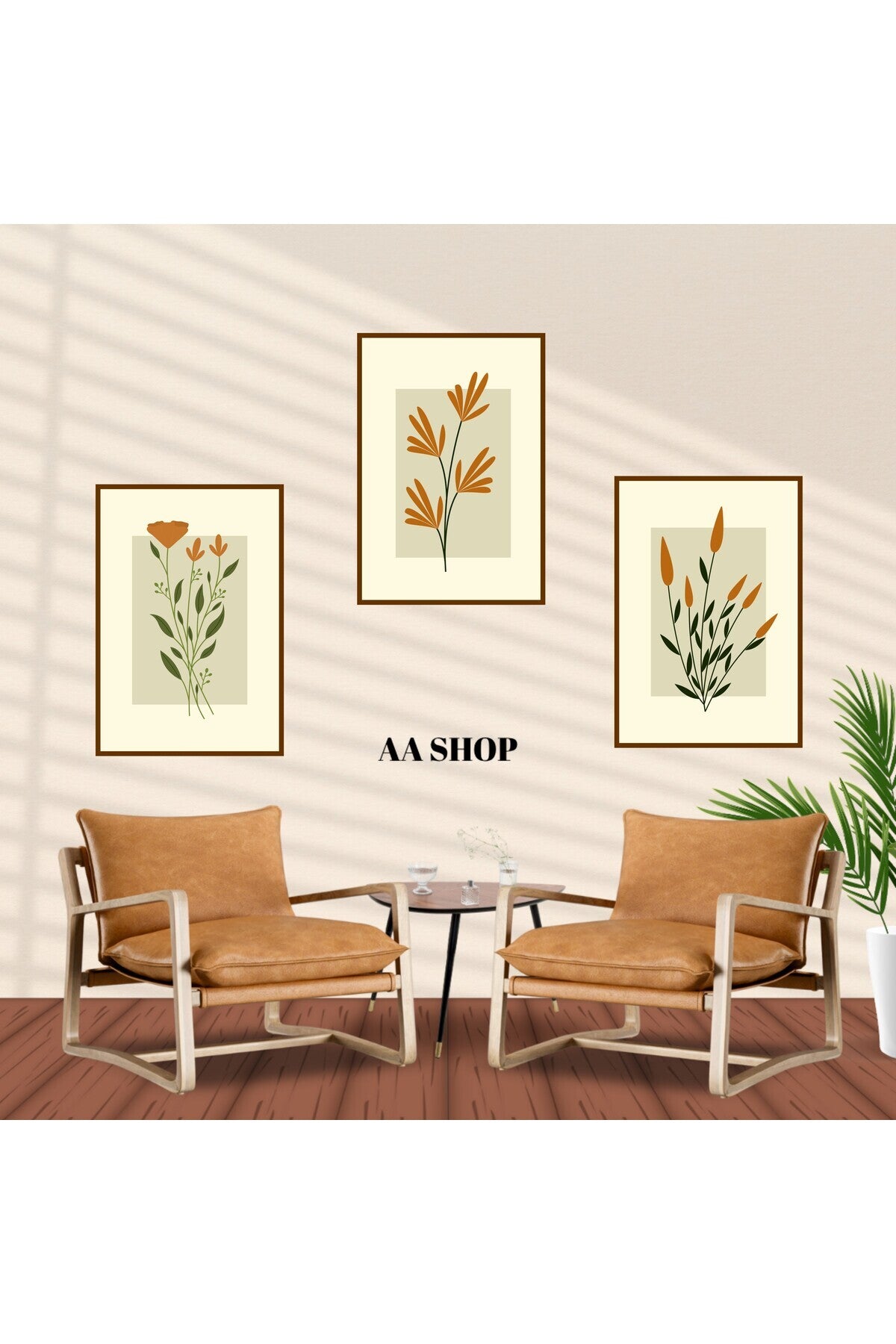 3 Parça Çiçek Yaprak Renkli Solmaz Kaliteli Baskı Çerçeve Görünümlü MDF Tablo Set 54