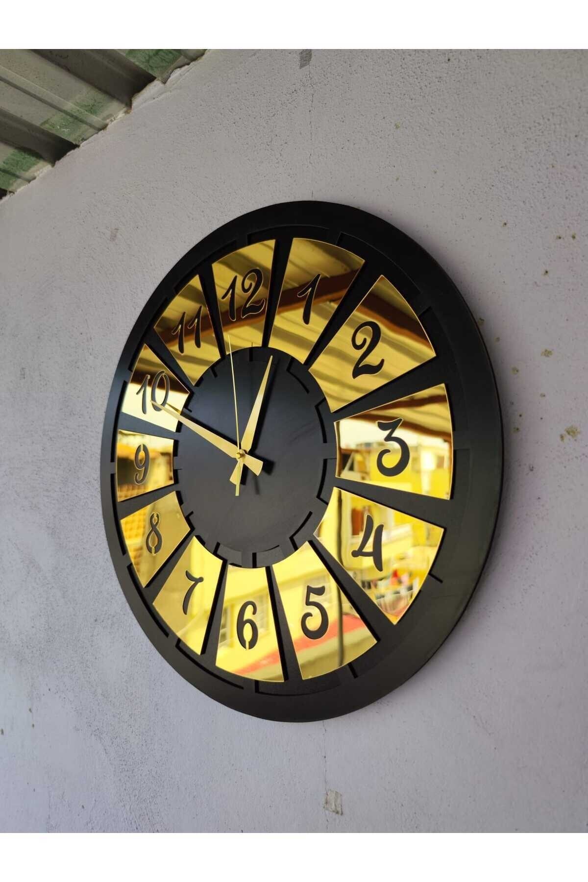 Siyah Renk Gold Sayılı Hediyelik Ahşap Dekoratif Farklı Desenli Ev Hediyelik Duvar Saati 50cm