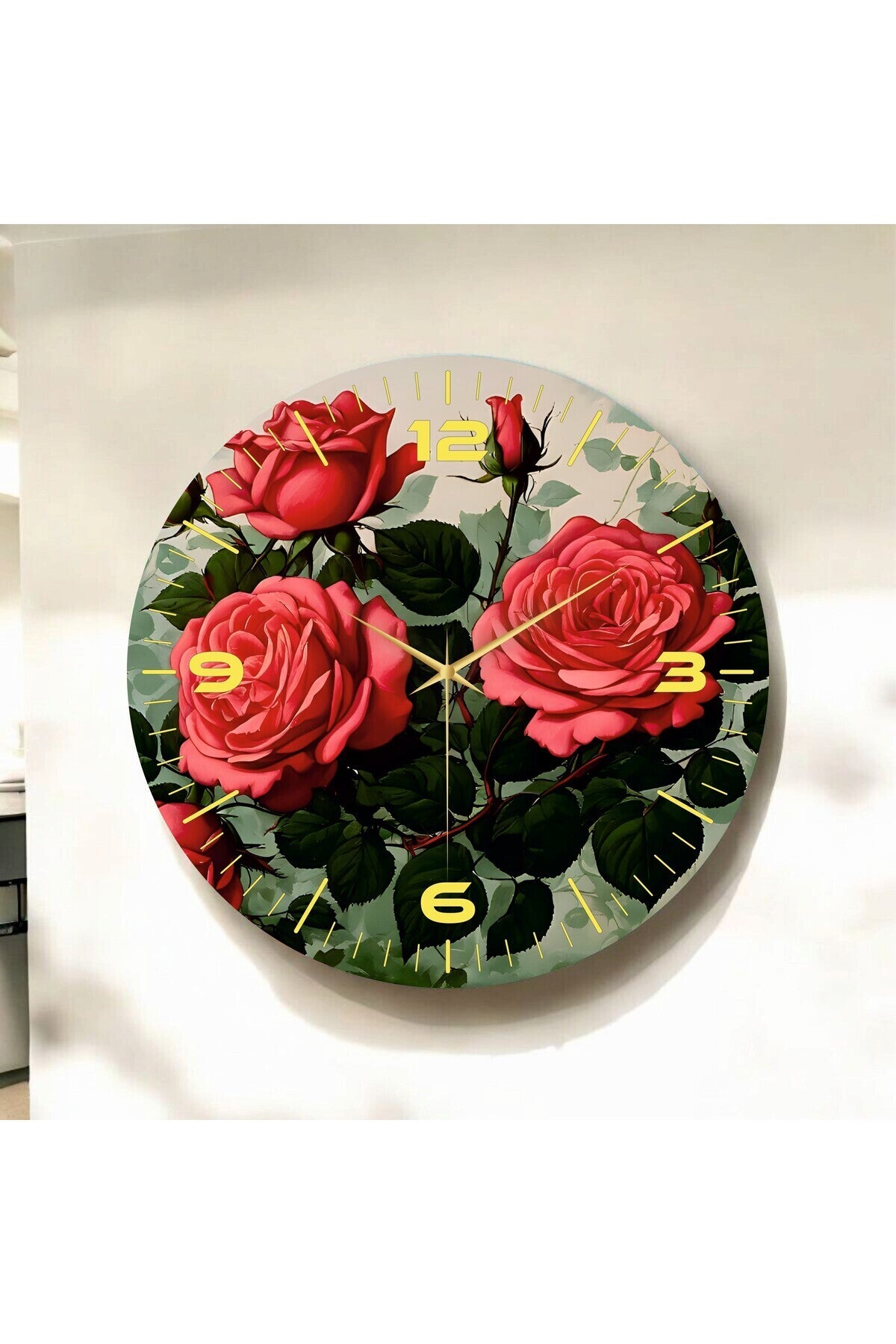 Renkli Baskı Gül Çiçek Desenli Sayılı Hediyelik Ahşap Sessiz Tablo Duvar Saati