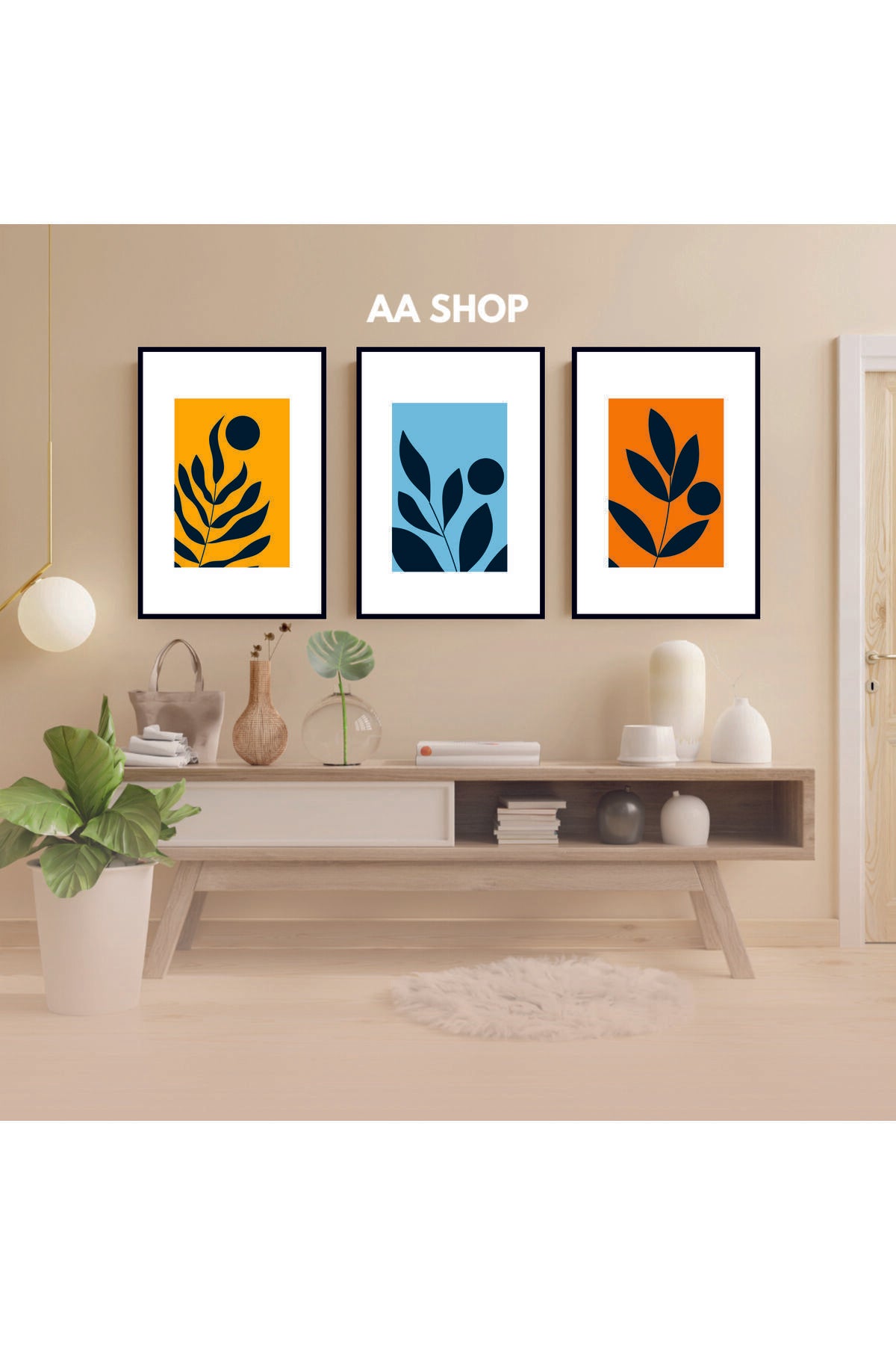 3 Parça Çiçek Yaprak Renkli Solmaz Kaliteli Baskı Çerçeve Görünümlü MDF Tablo Set 60