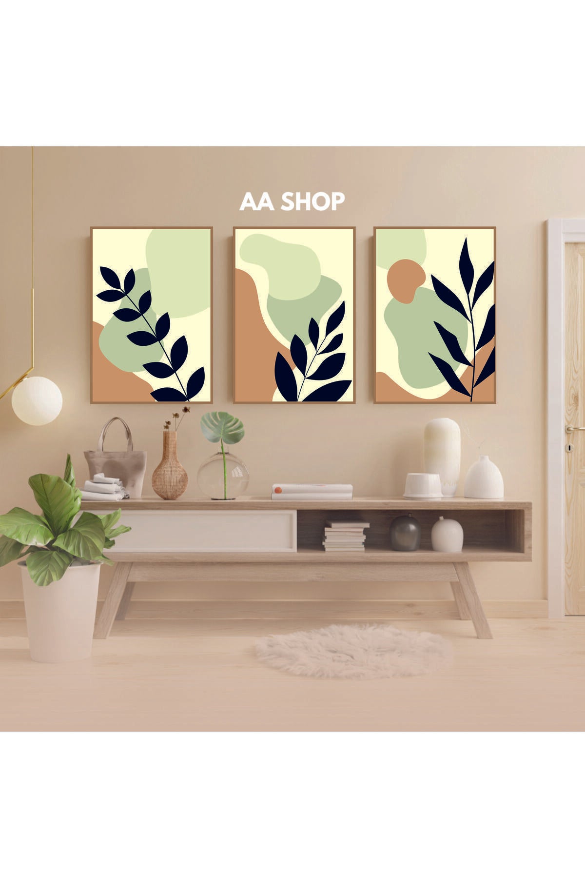 3 Parça Çiçek Yaprak Renkli Solmaz Kaliteli Baskı Çerçeve Görünümlü MDF Tablo Set 57