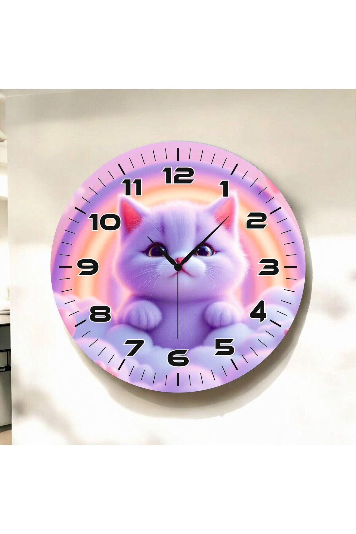 Mor Renkli Baskı Kedi Desenli Sayılı Hediyelik Ahşap Sessiz Tablo Duvar Saati
