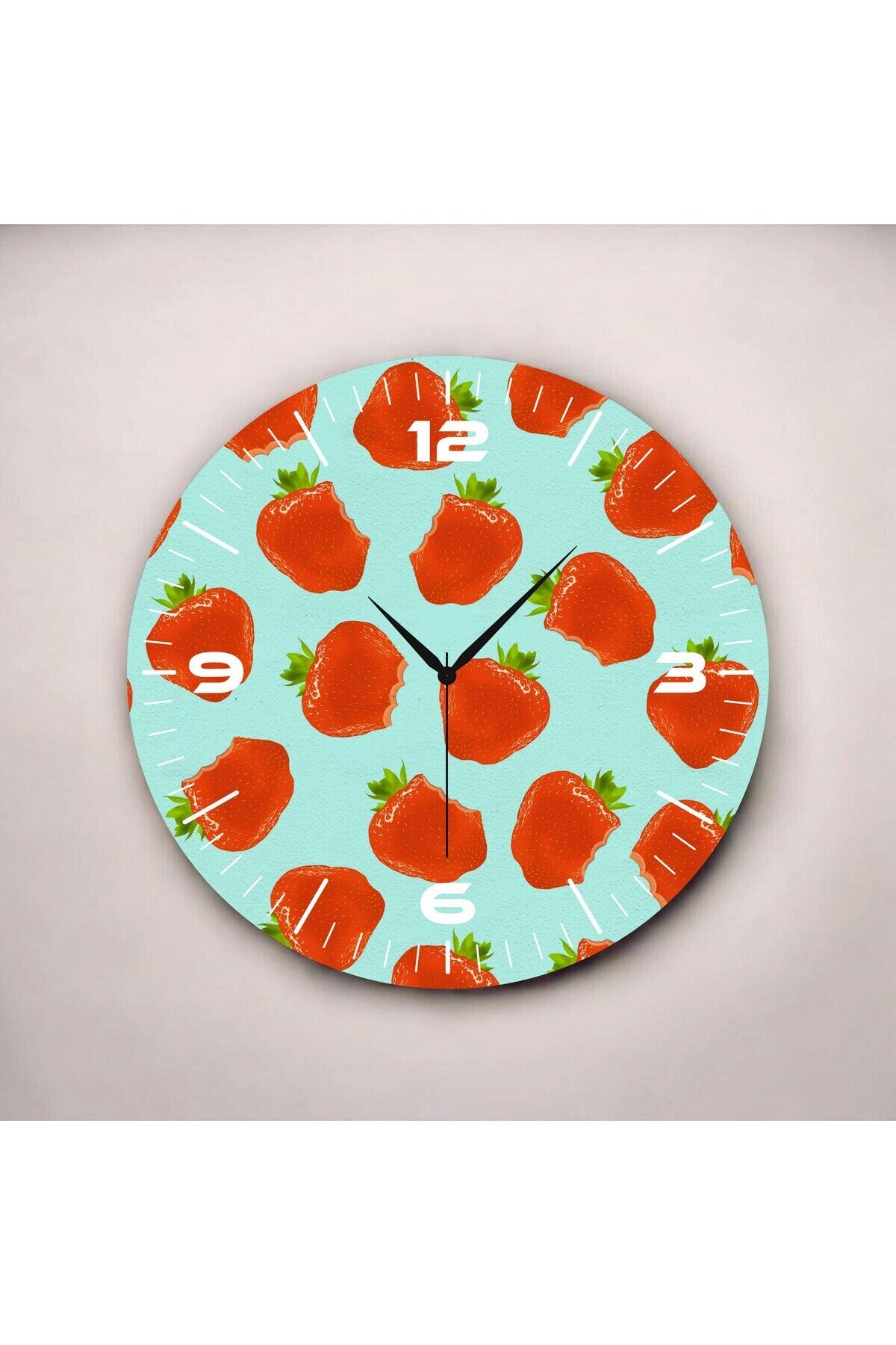 Renkli Baskı Çilek Meyve Desenli Sayılı Hediyelik Ahşap Sessiz Tablo Duvar Saati