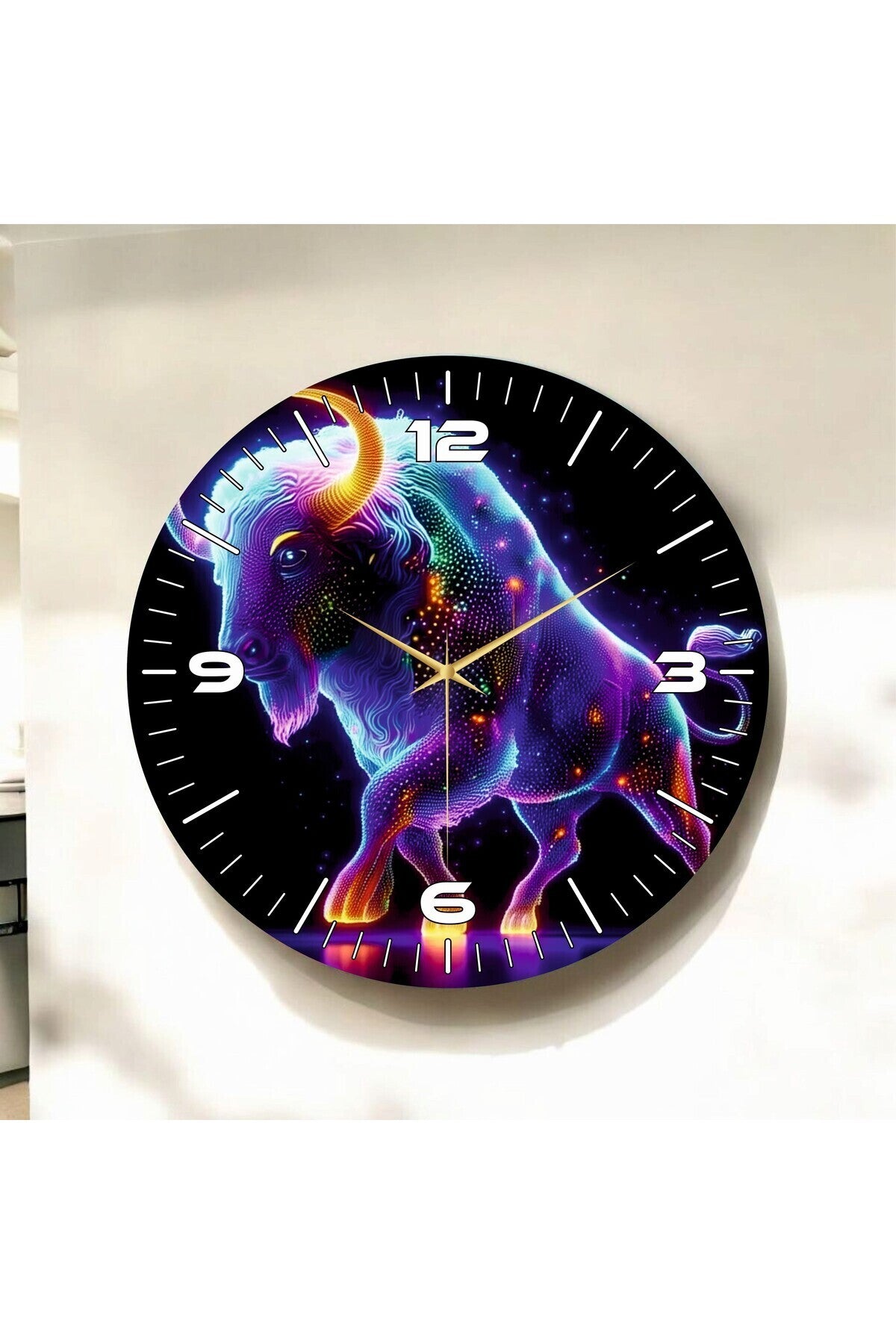 Neon Boğa Renkli Baskı Desenli Sayılı Hediyelik Ahşap Sessiz Tablo Duvar Saati