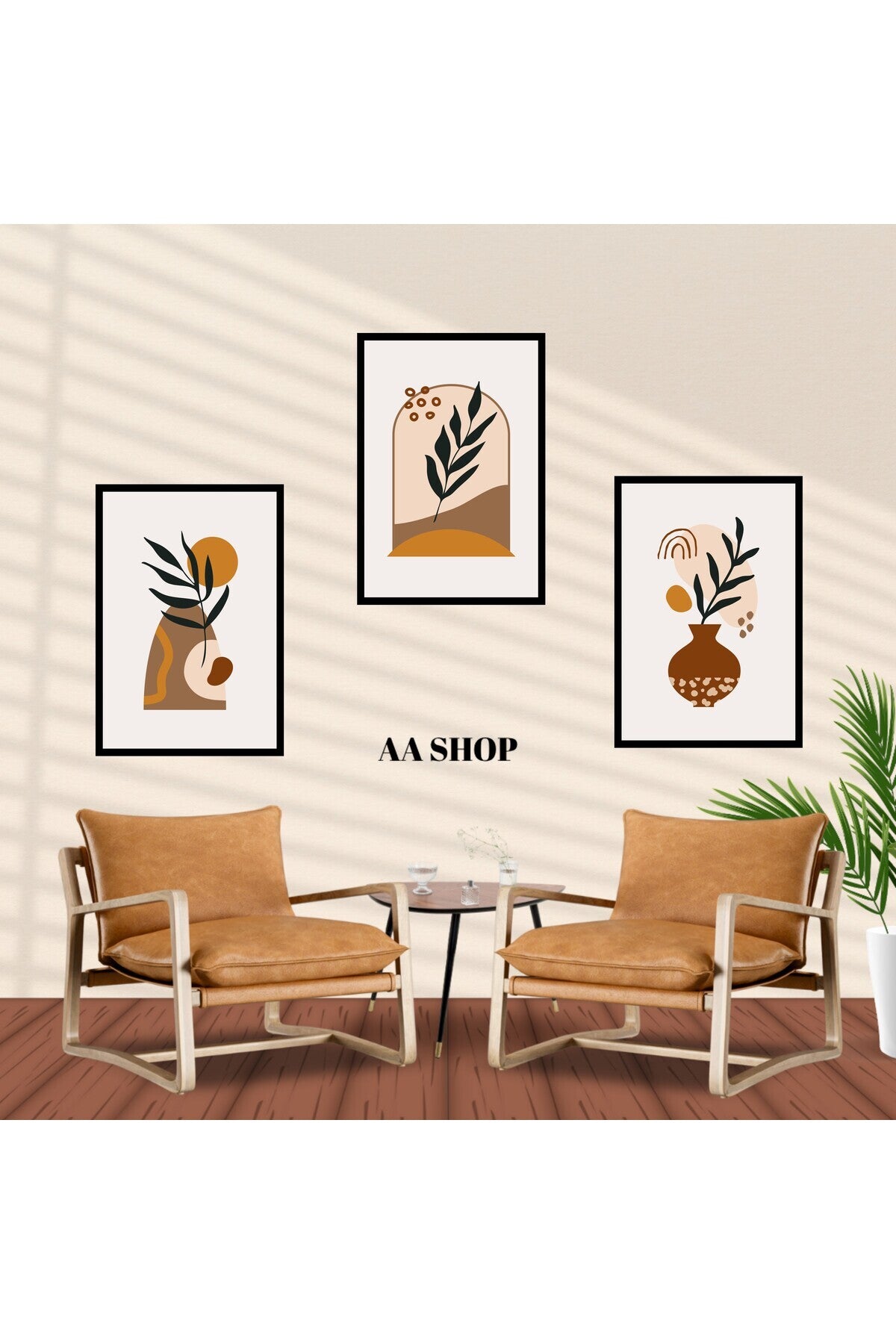 3 Parça Çiçek Yaprak Renkli Solmaz Kaliteli Baskı Çerçeve Görünümlü MDF Tablo Set 91