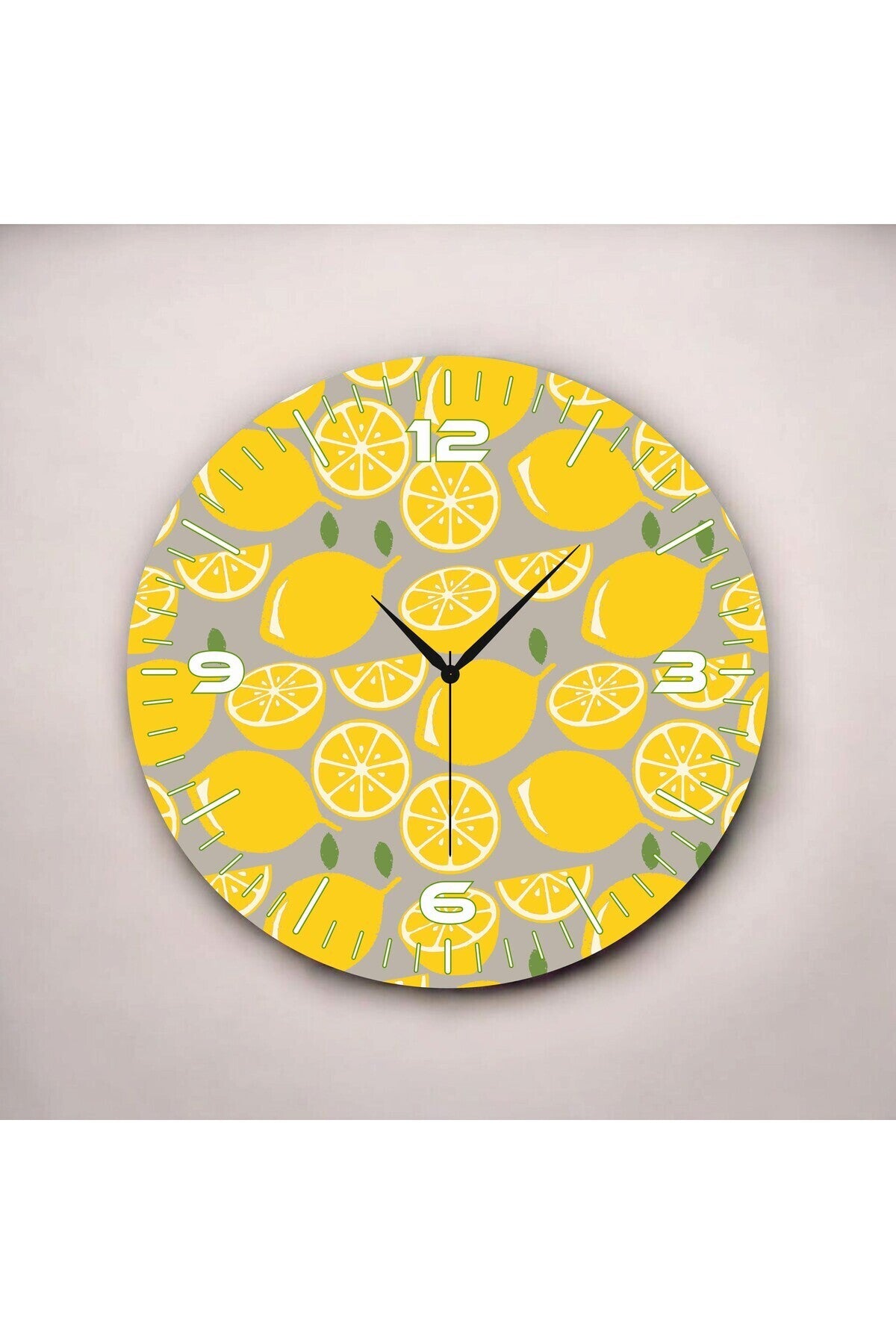 Sarı Renkli Baskı Limon Desenli Sayılı Hediyelik Ahşap Sessiz Tablo Duvar Saati 50cm