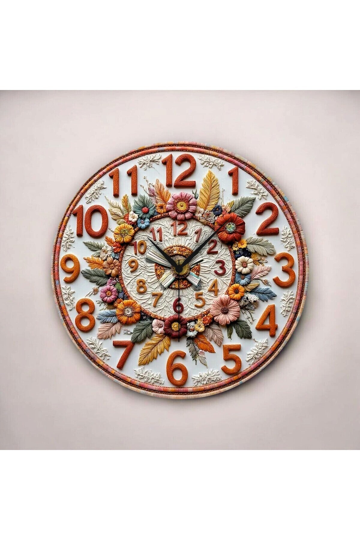 Çiçek Kabartma Görünümlü Renkli Baskı Desenli Sayılı Hediyelik Ahşap Sessiz Tablo Duvar Saati