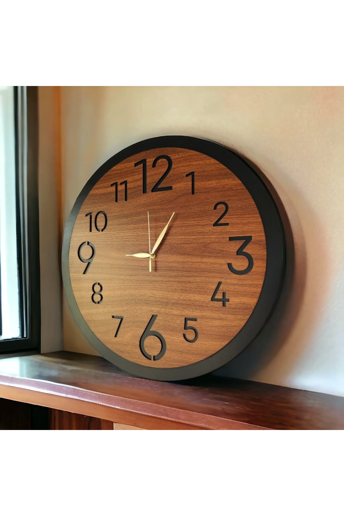 Ahşap Ceviz Mobilya Renk Sade Sayılı Hediyelik Sessiz Duvar Saati 50cm