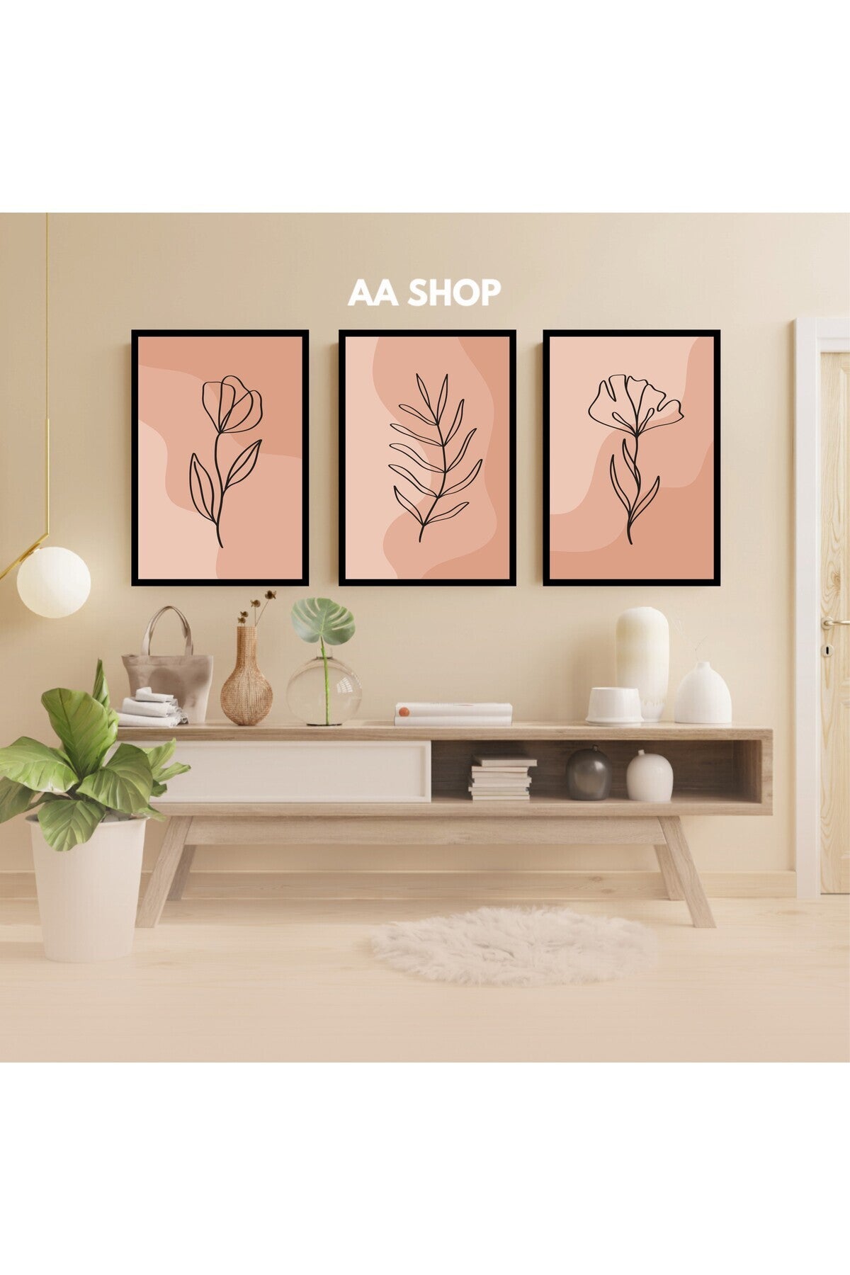 3 Parça Çiçek Yaprak Renkli Solmaz Kaliteli Baskı Çerçeve Görünümlü MDF Tablo Set 10