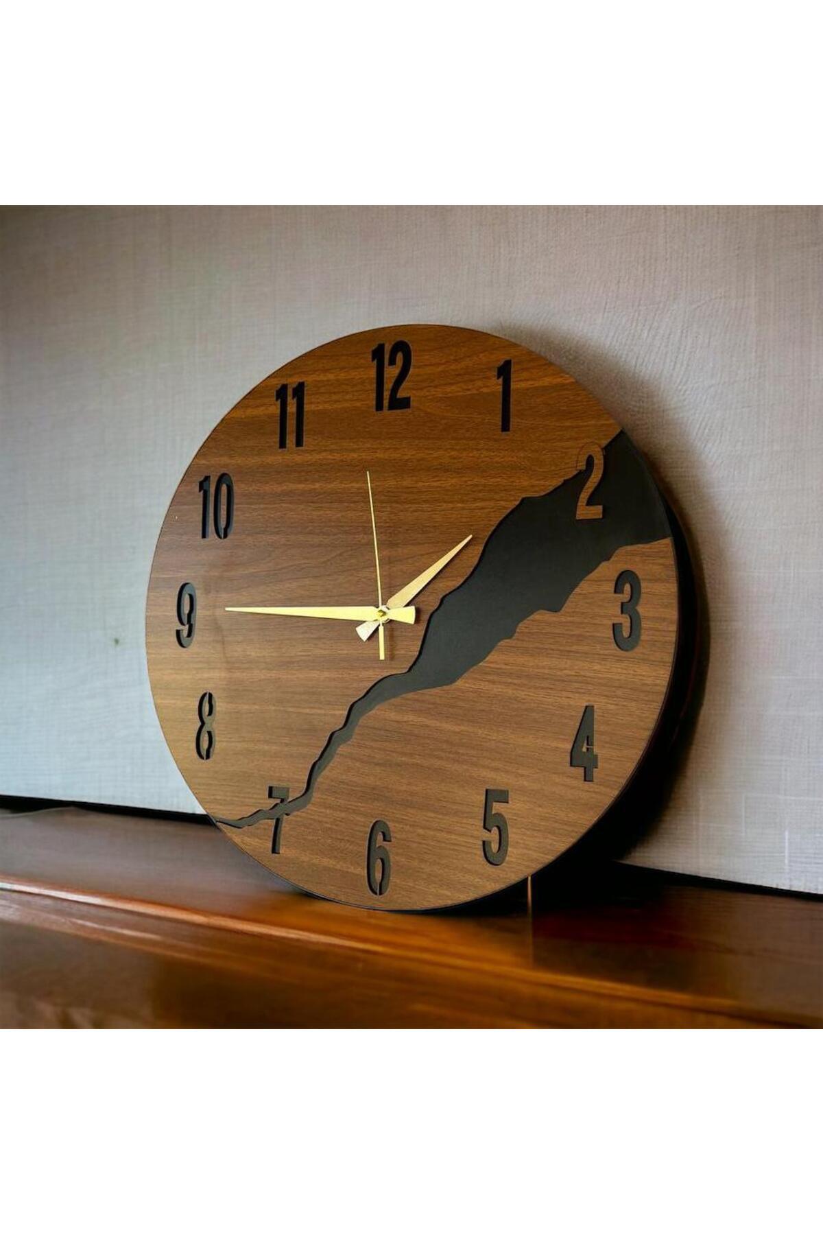 Ahşap Siyah Ceviz Mobilya Renk Desenli Hediyelik Sessiz Duvar Saati 50cm