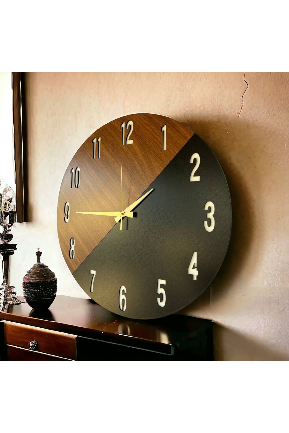 Ahşap Siyah Ceviz Mobilya Renk Desenli Hediyelik Sessiz Duvar Saati 50cm