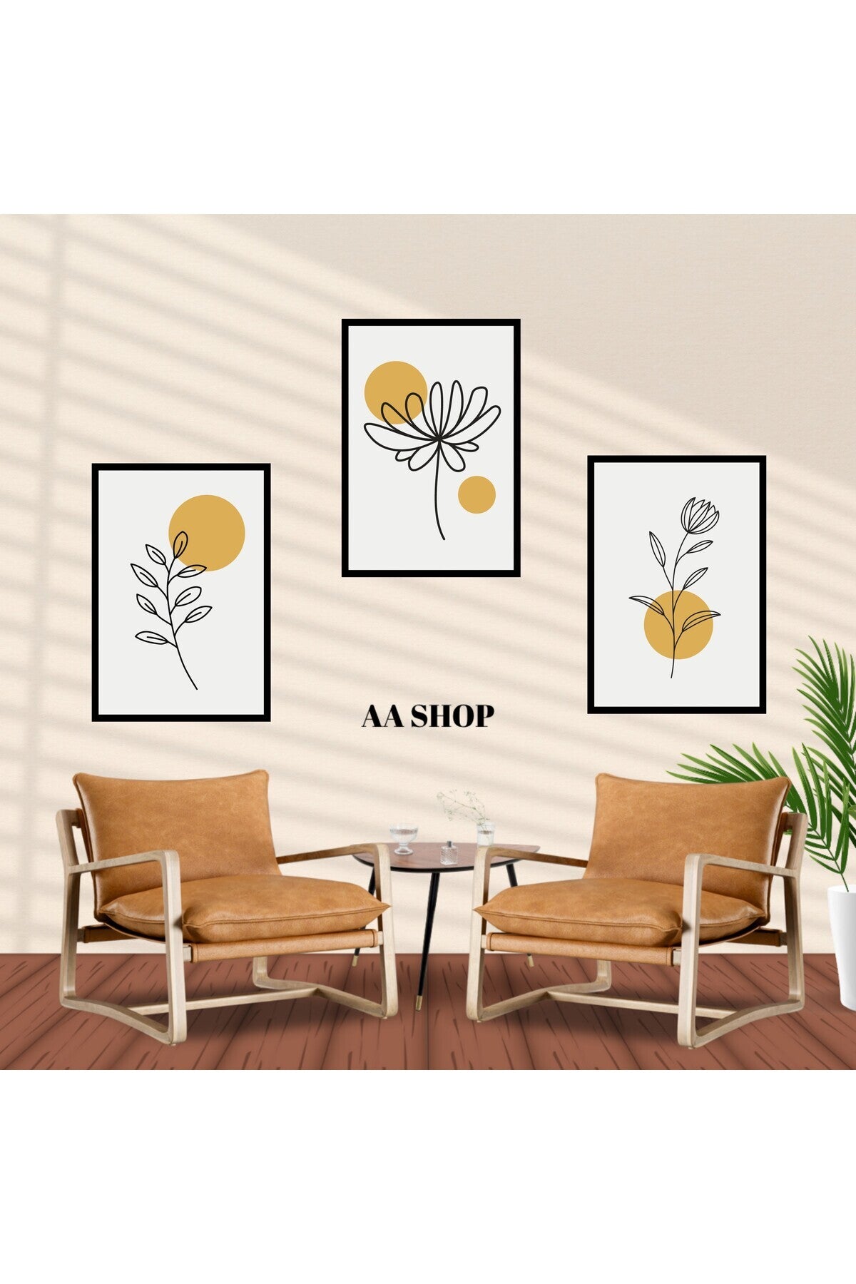 3 Parça Çiçek Papatya Renkli Solmaz Kaliteli Baskı Çerçeve Görünümlü MDF Tablo Set 26