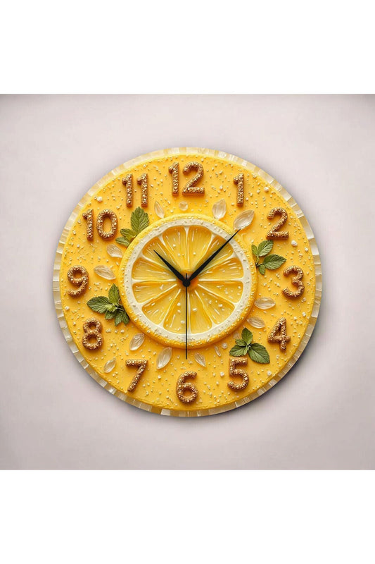 2D Kabartma Görünümlü Limon Renkli Baskı Desenli Sayılı Hediyelik Ahşap Sessiz Duvar Saati