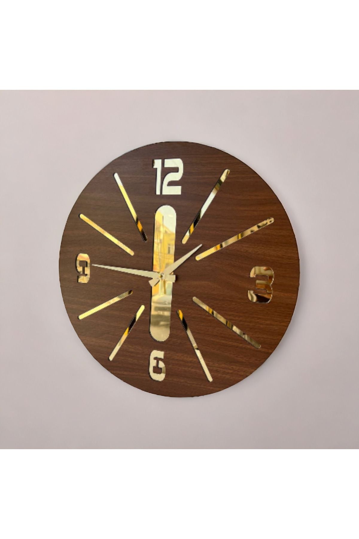 Ceviz Gold Renk Hediyelik Ahşap Aynalı Dekoratif Çizgili Farklı Desenli Duvar Saati 50cm