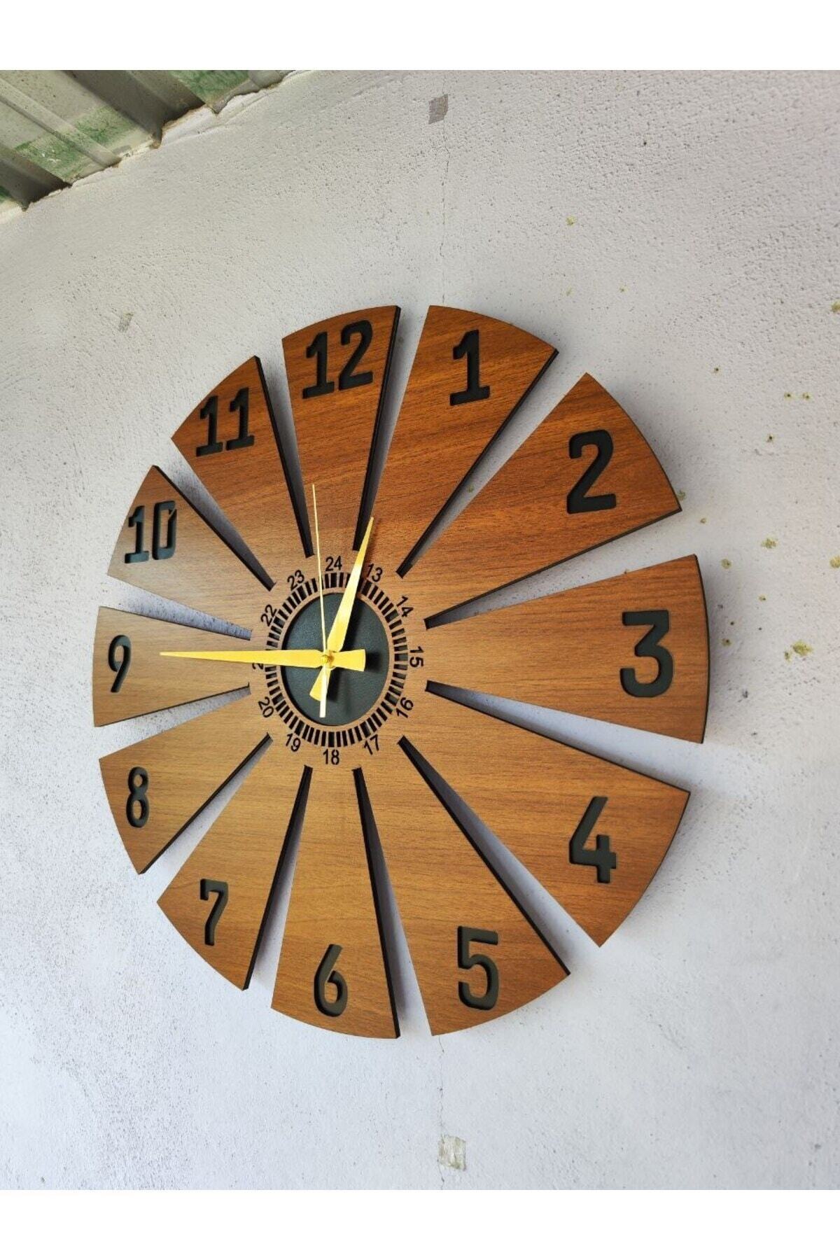 Ahşap Ceviz Mobilya Renk Desenli Hediyelik Sessiz Duvar Saati 50cm