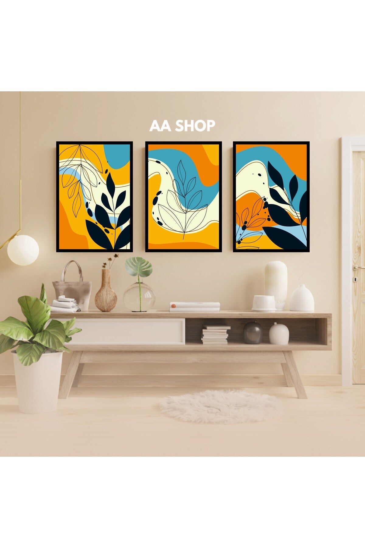 3 Parça Çiçek Yaprak Renkli Solmaz Kaliteli Baskı Çerçeve Görünümlü MDF Tablo Set 51