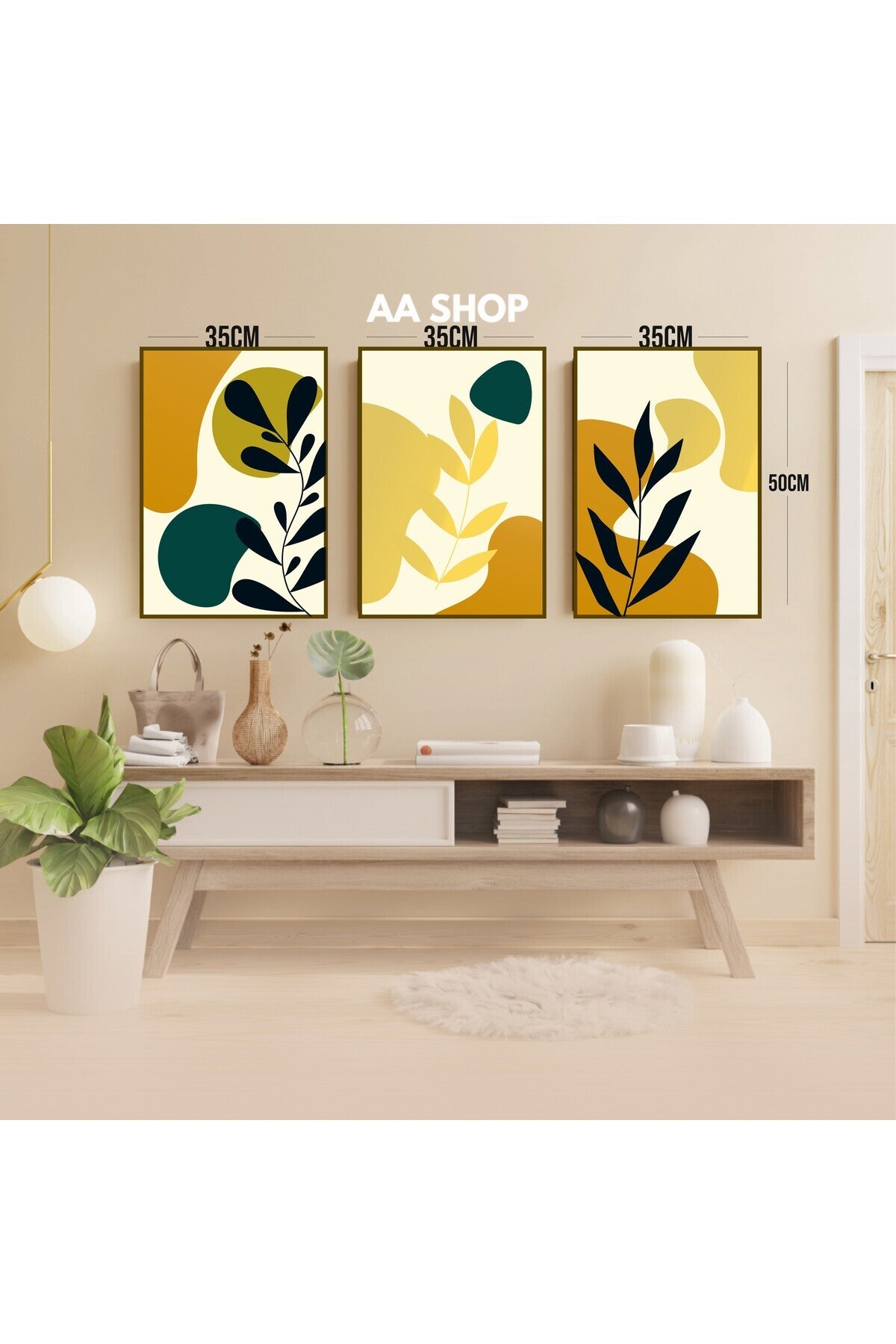 3 Parça Çiçek Yaprak Renkli Solmaz Kaliteli Baskı Çerçeve Görünümlü MDF Tablo Set 58