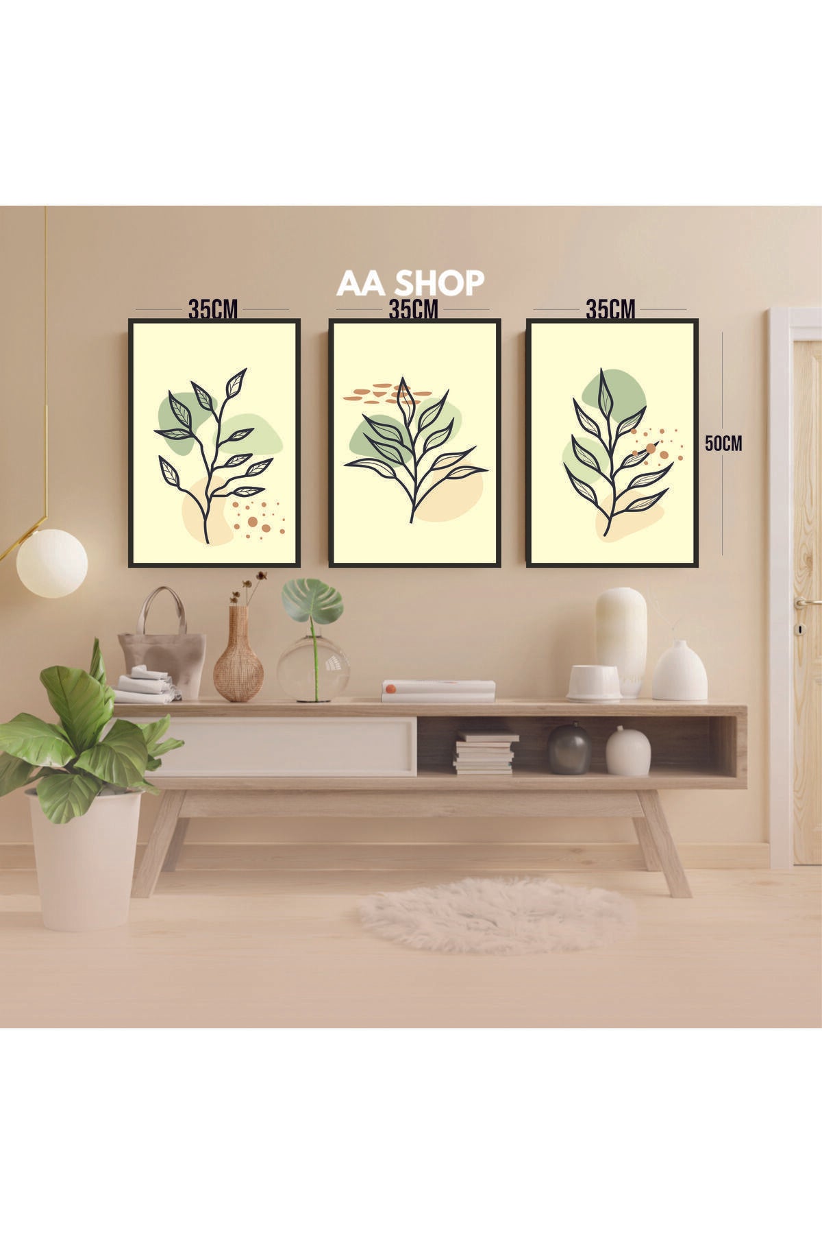 3 Parça Çiçek Yaprak Renkli Solmaz Kaliteli Baskı Çerçeve Görünümlü MDF Tablo Set 66