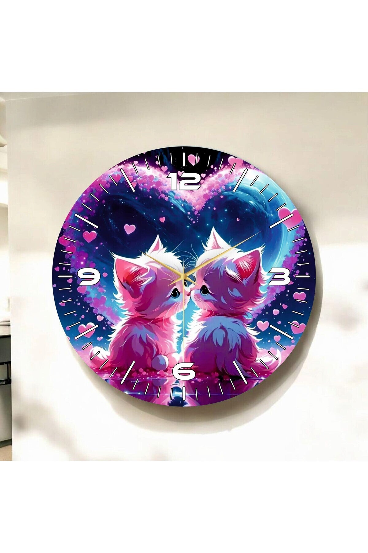 Mor Renkli Baskı Kedi Desenli Sayılı Hediyelik Ahşap Sessiz Tablo Duvar Saati
